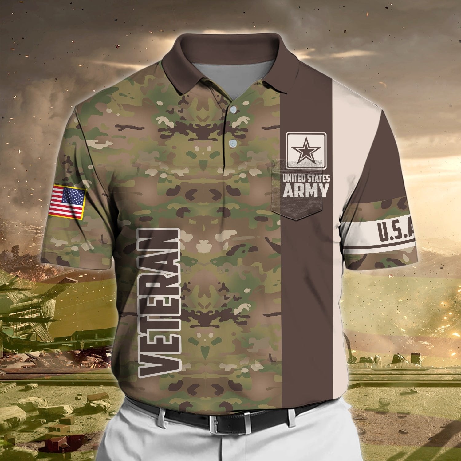 Premium Camo Soldier US Veteran Polo Shirt With Pocket NPVC170301