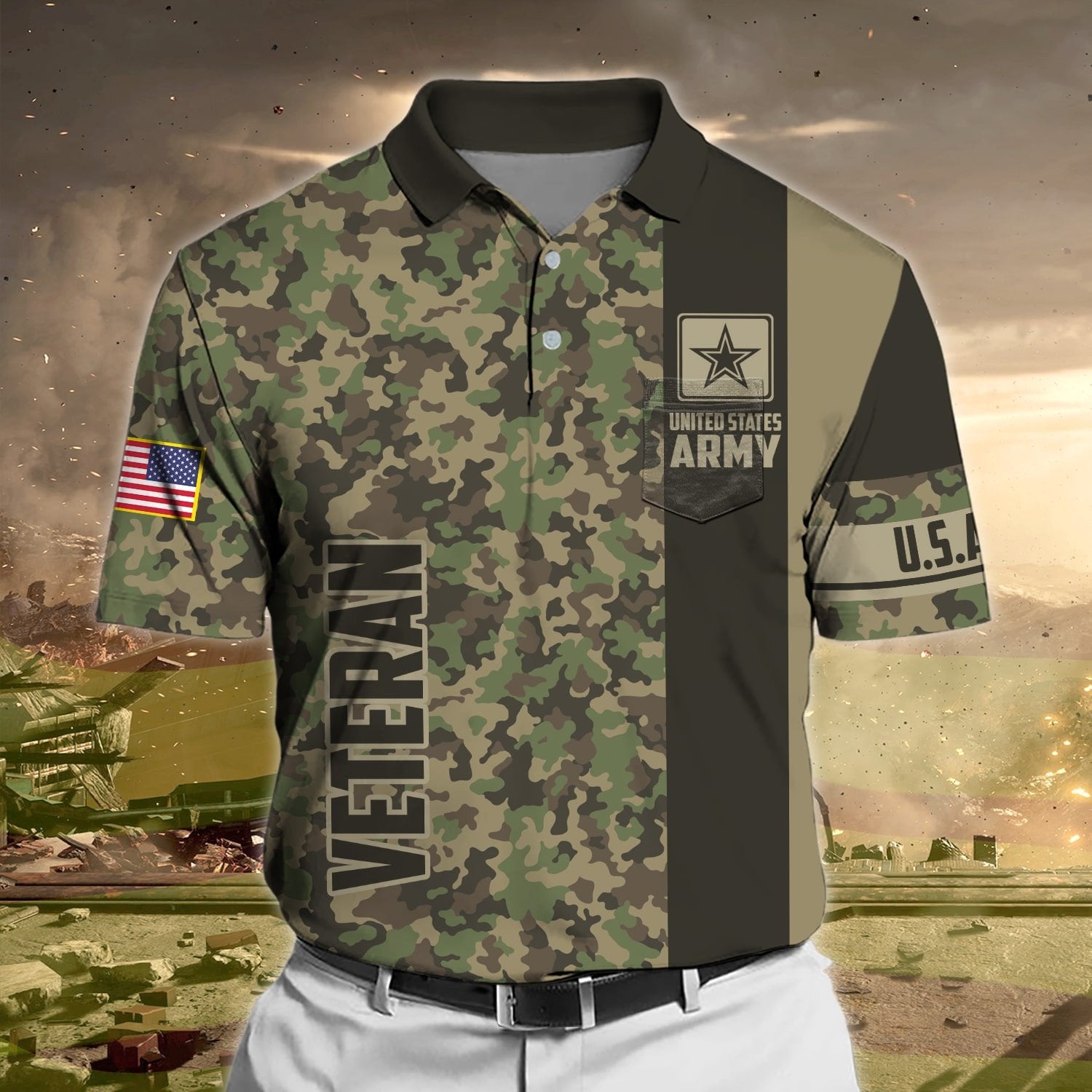 Premium Camo Soldier US Veteran Polo Shirt With Pocket NPVC170301
