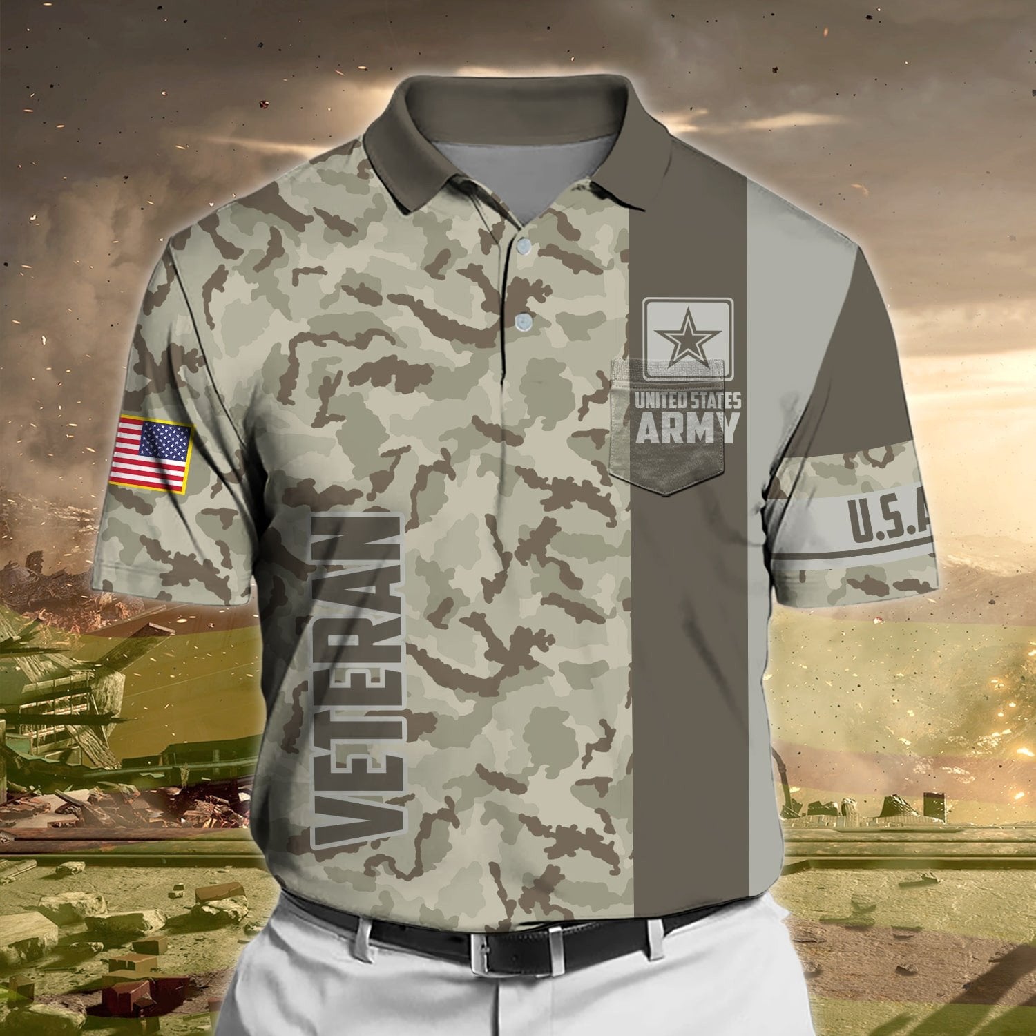 Premium Camo Soldier US Veteran Polo Shirt With Pocket NPVC170301