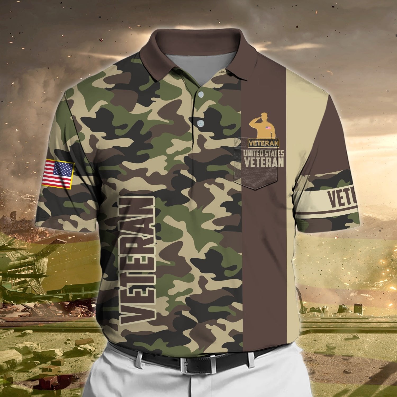 Premium Camo Soldier US Veteran Polo Shirt With Pocket NPVC170301