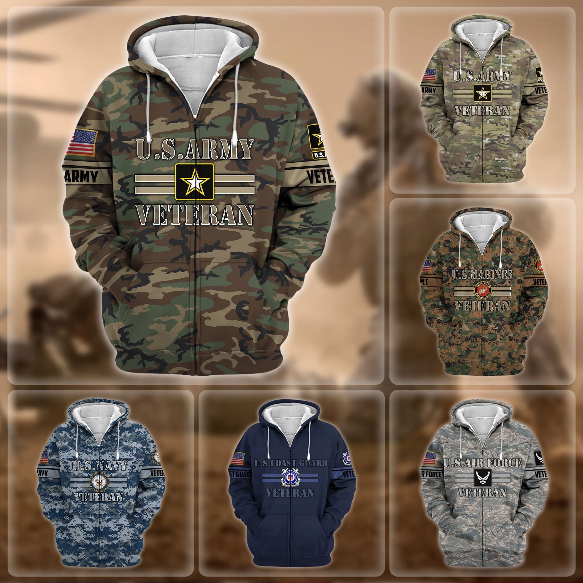 Premium Camo Soldiers US Veteran Zip Hoodie APVC220803