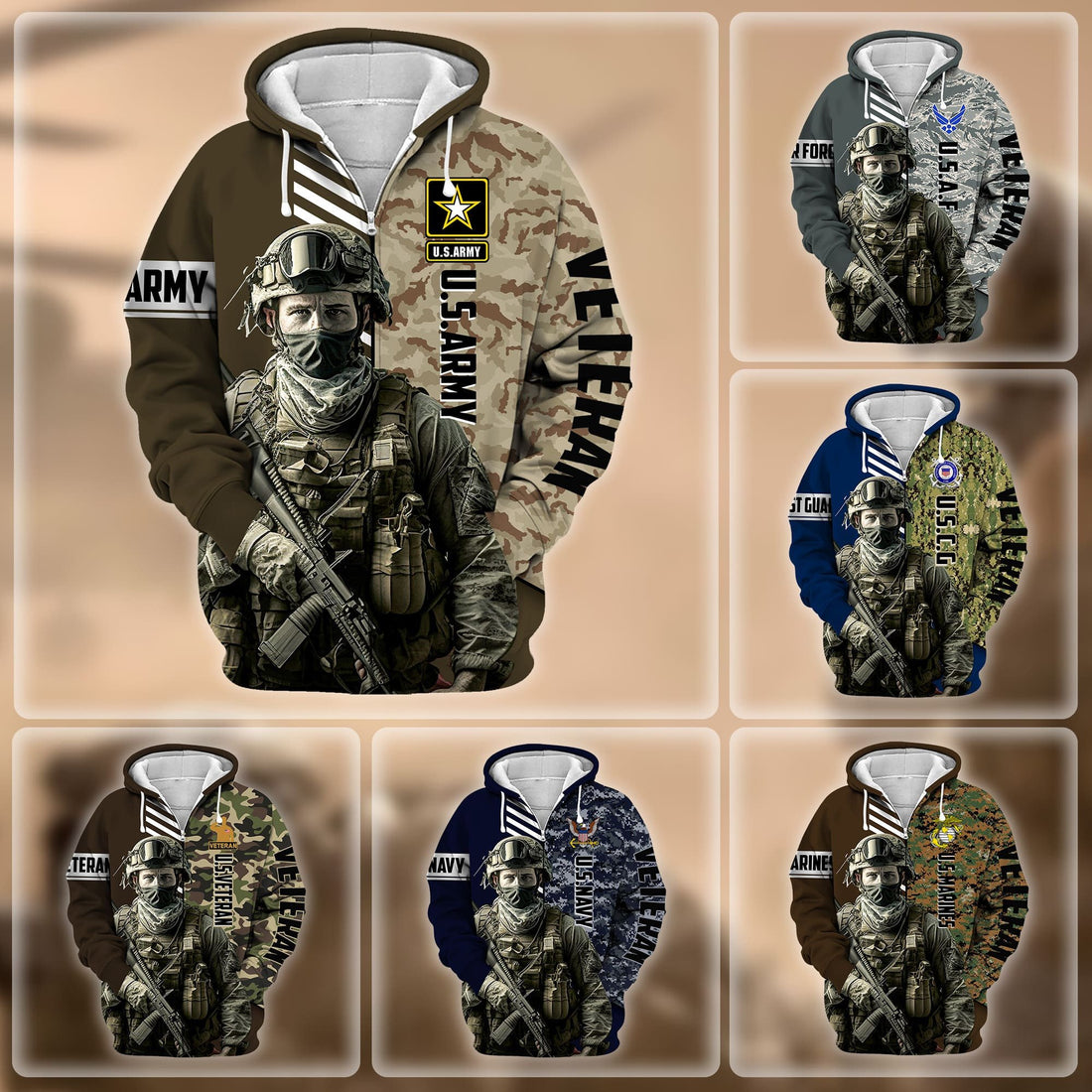 Premium Camo Soldiers US Veteran Zip Hoodie APVC110901