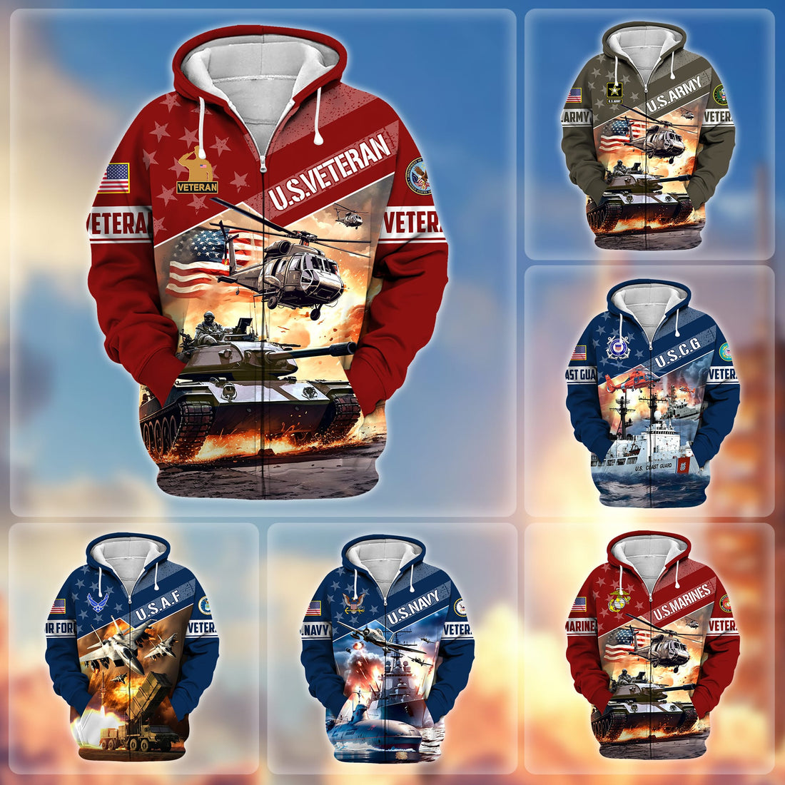 Premium Multiple Military Services US Veteran Zip Hoodie APVC270901