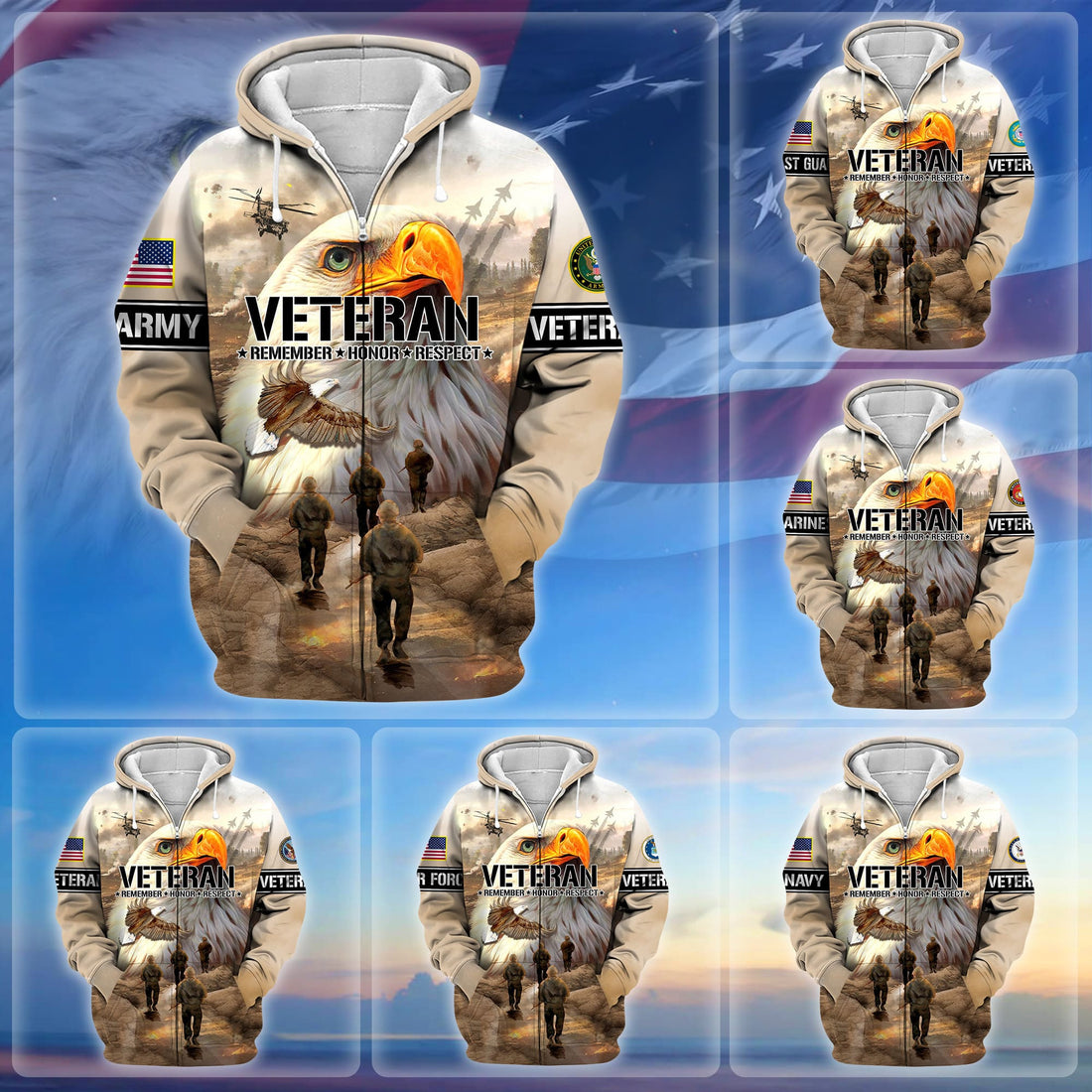 Premium US Veteran Remember - Honor - Respect Zip Hoodie APVC031001
