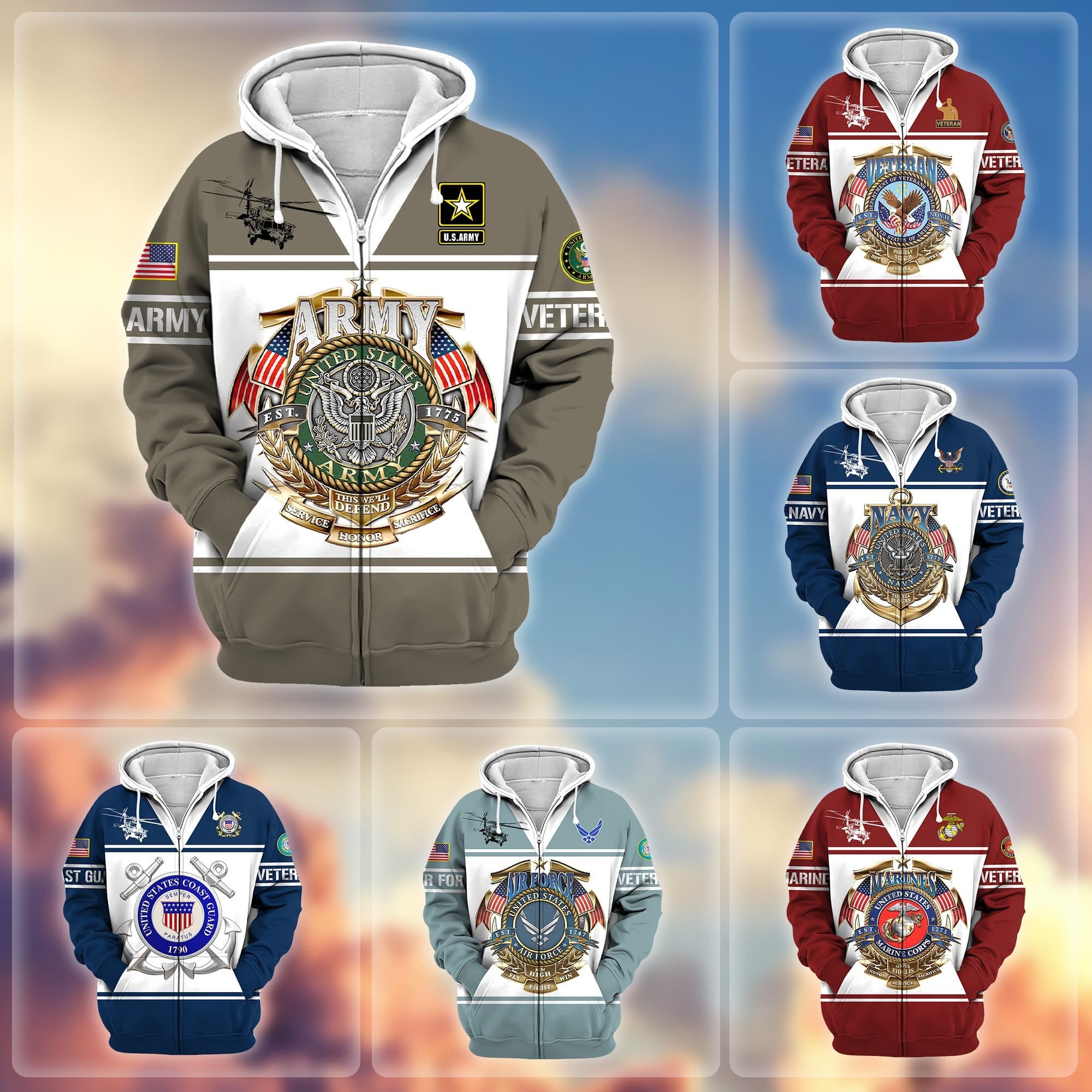 Premium Multiple US Military Services Zip Hoodie APVC281201