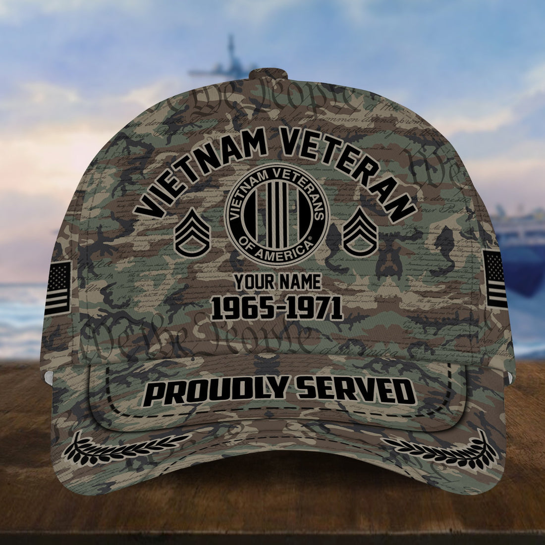 Personalized Camo Combat Vietnam Veteran Hat: Custom Military Rank Name Year and Ball Cap Printing VPVC001006