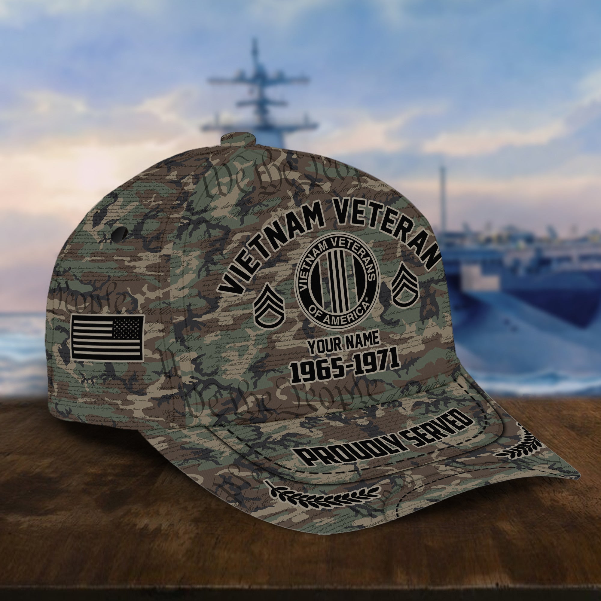 Personalized Camo Combat Vietnam Veteran Hat: Custom Military Rank Name Year and Ball Cap Printing VPVC001006