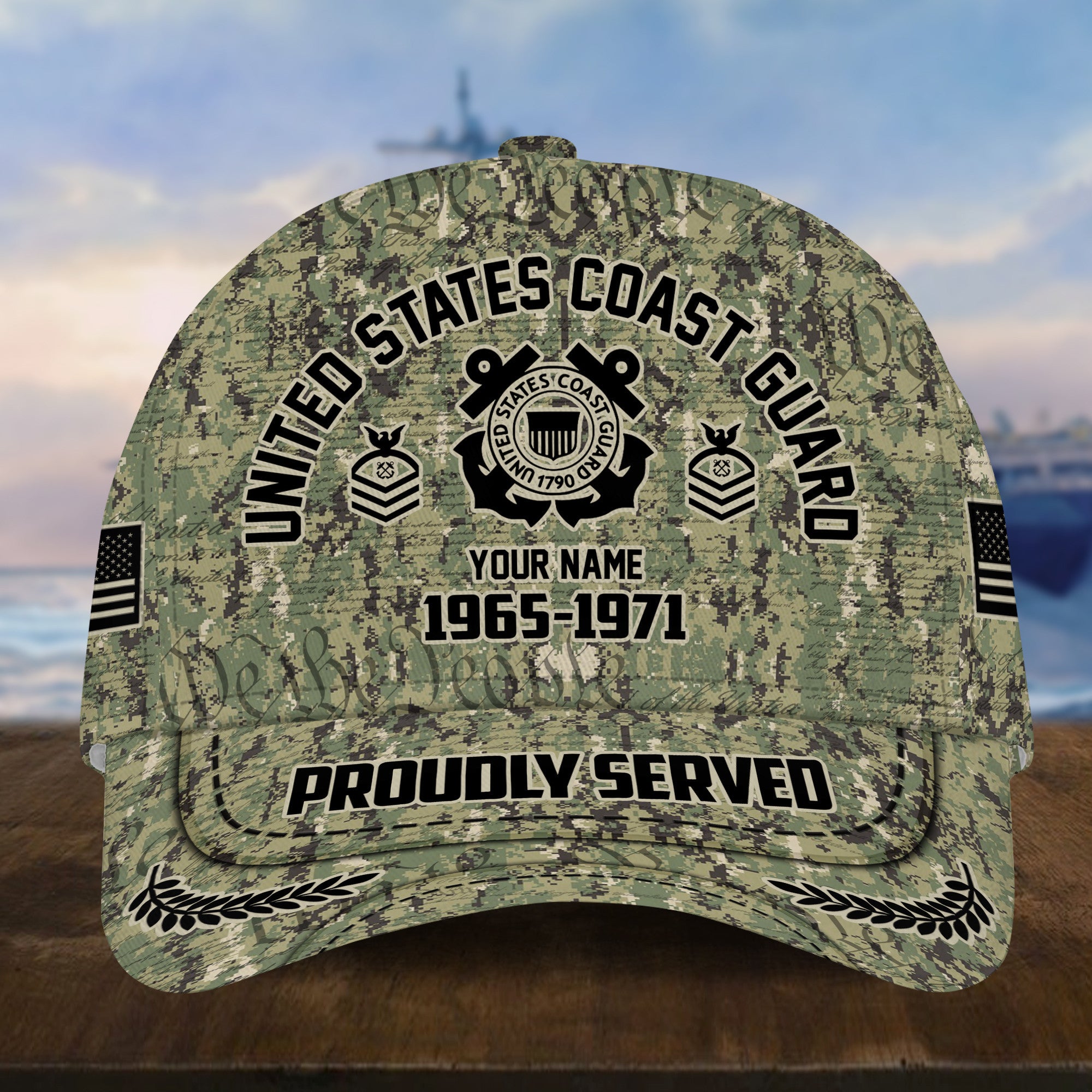 Personalized Camo Combat USCG Veteran Hat: Custom Military Rank Name Year and Ball Cap Printing VPVC001005