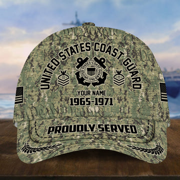 Personalized Camo Combat USCG Veteran Hat: Custom Military Rank Name Year and Ball Cap Printing VPVC001005