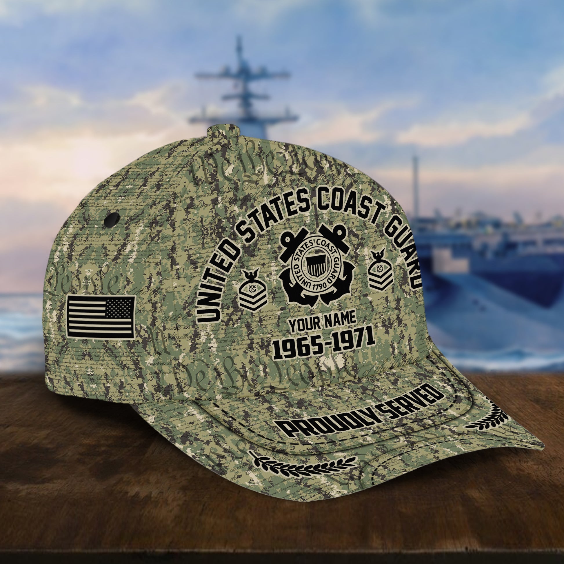 Personalized Camo Combat USCG Veteran Hat: Custom Military Rank Name Year and Ball Cap Printing VPVC001005