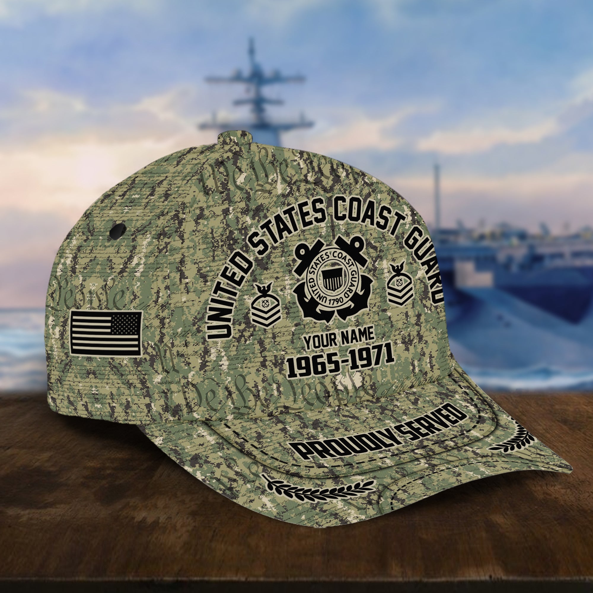 Personalized Camo Combat USCG Veteran Hat: Custom Military Rank Name Year and Ball Cap Printing VPVC001005