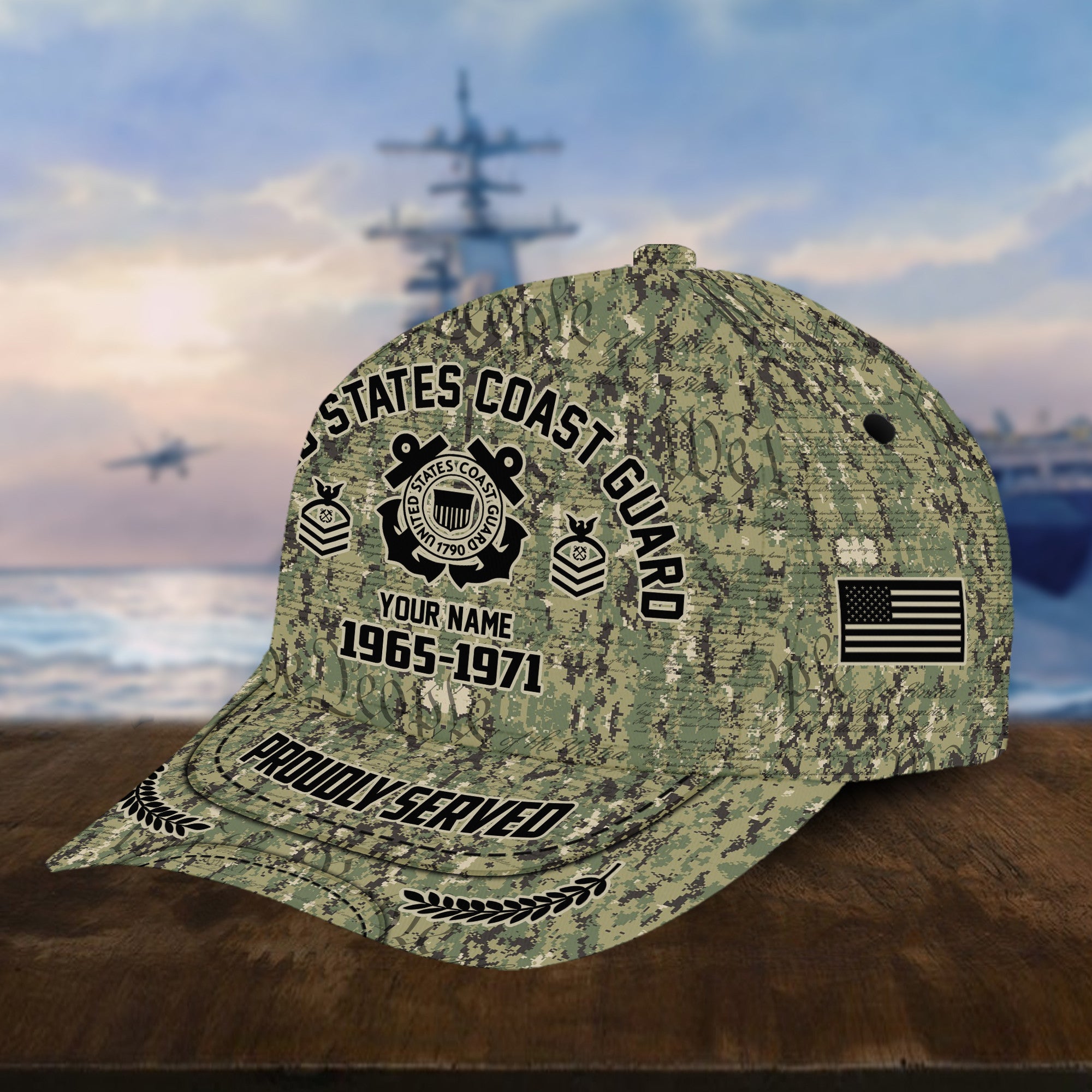 Personalized Camo Combat USCG Veteran Hat: Custom Military Rank Name Year and Ball Cap Printing VPVC001005