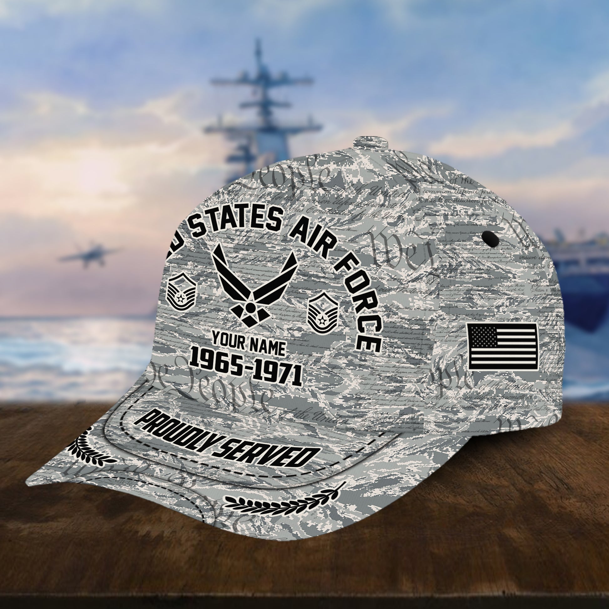 Personalized Camo Combat USAF Veteran Hat: Custom Military Rank Name Year and Ball Cap Printing VPVC001004