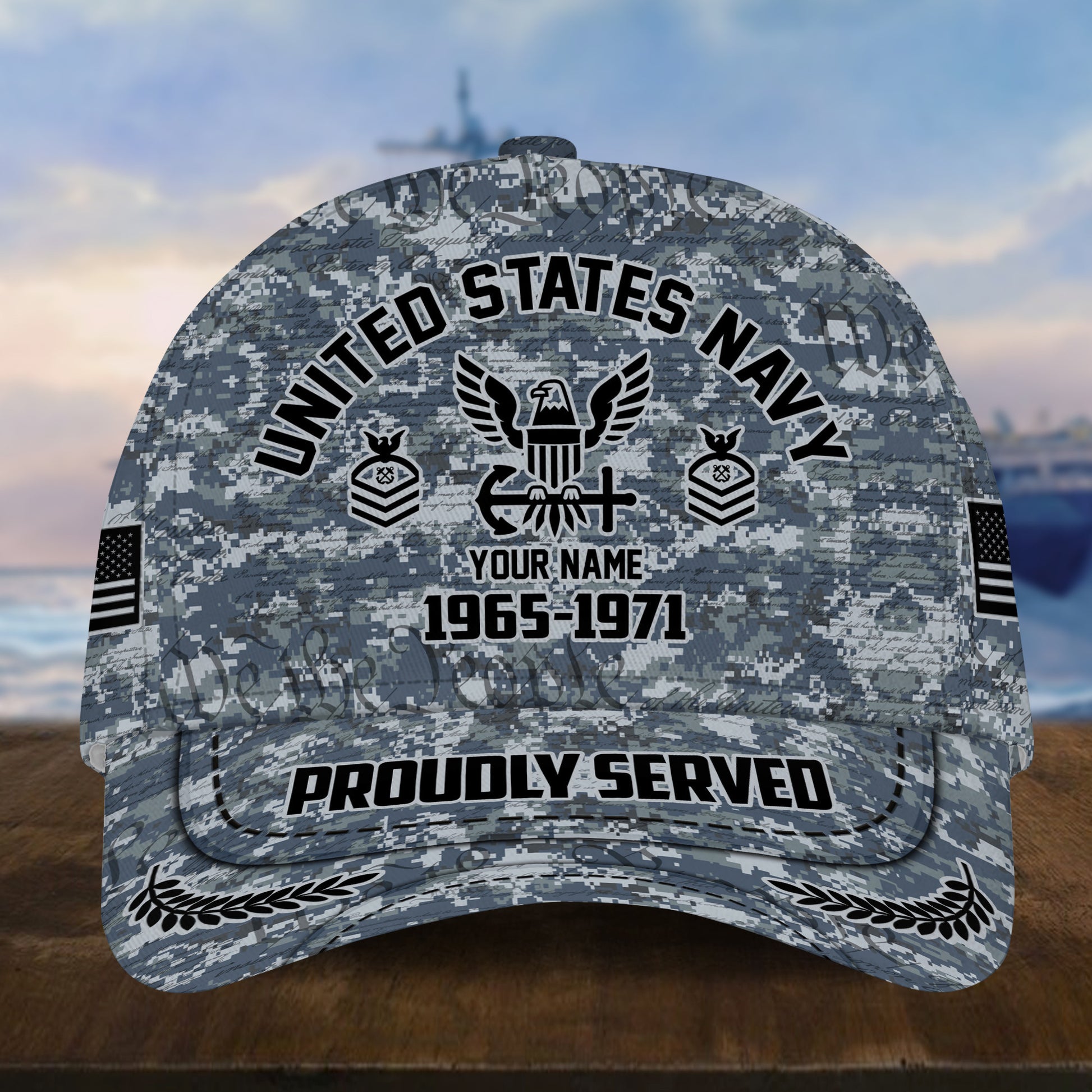 Personalized Camo Combat US Navy Veteran Hat: Custom Military Rank Name Year and Ball Cap Printing VPVC001002