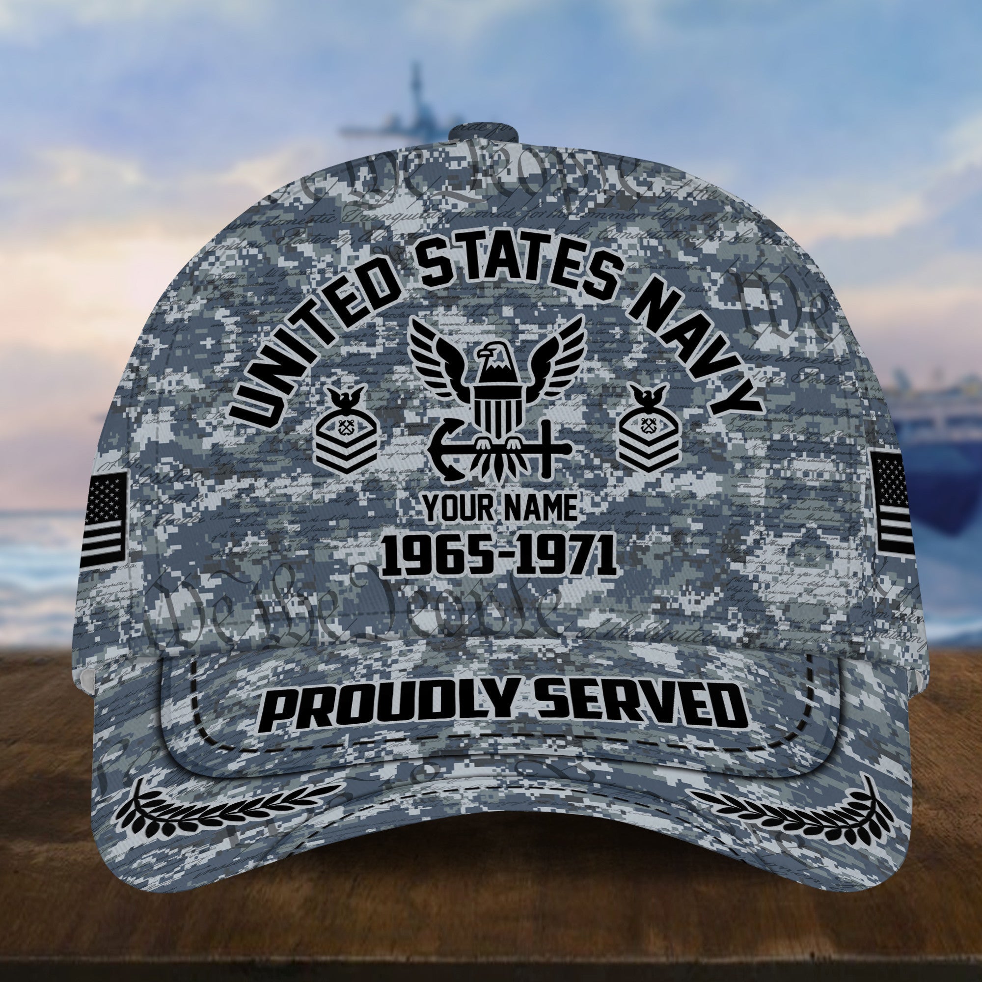 Personalized Camo Combat US Navy Veteran Hat: Custom Military Rank Name Year and Ball Cap Printing VPVC001002