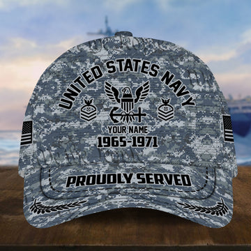 Personalized Camo Combat US Navy Veteran Hat: Custom Military Rank Name Year and Ball Cap Printing VPVC001002