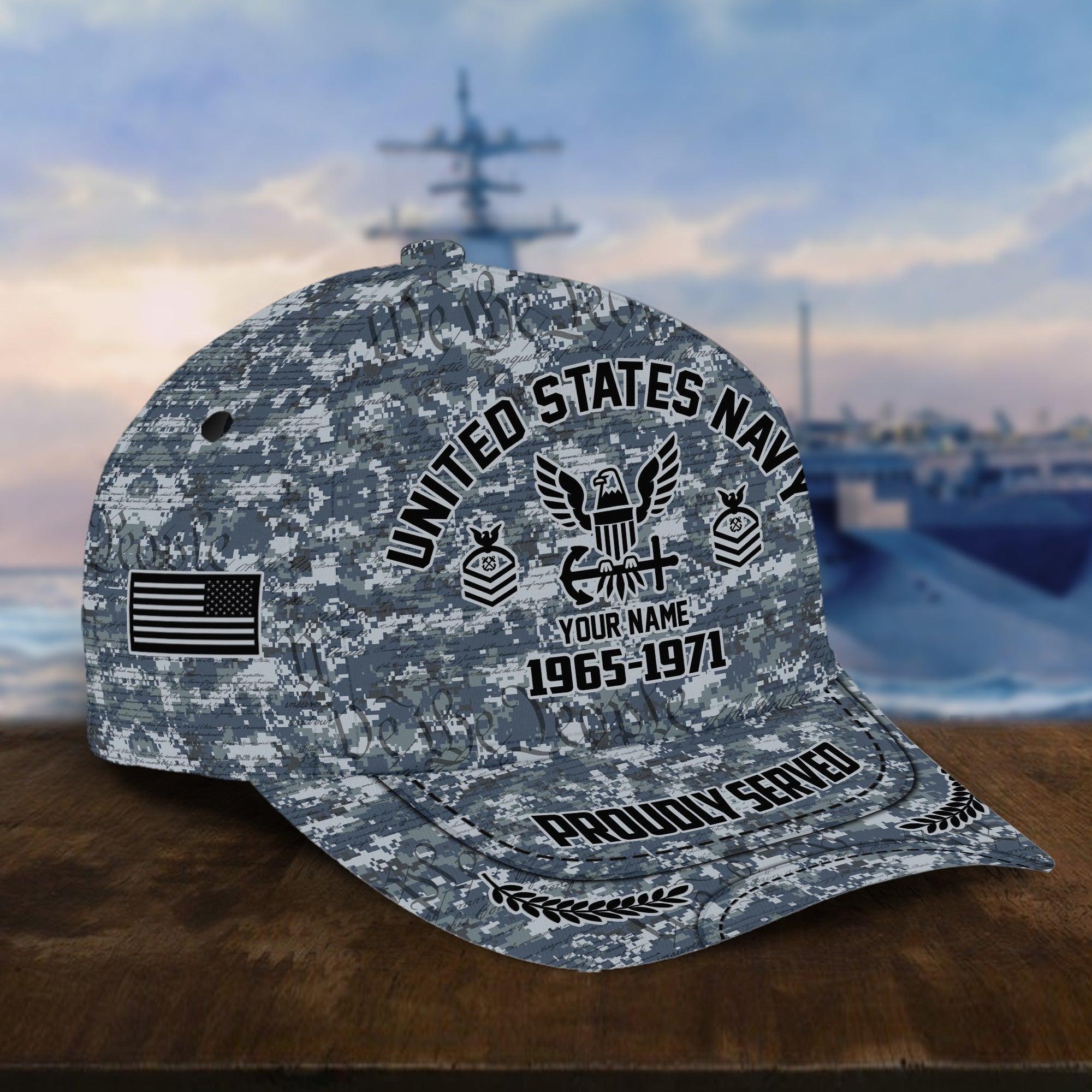 Personalized Camo Combat US Navy Veteran Hat: Custom Military Rank Name Year and Ball Cap Printing VPVC001002