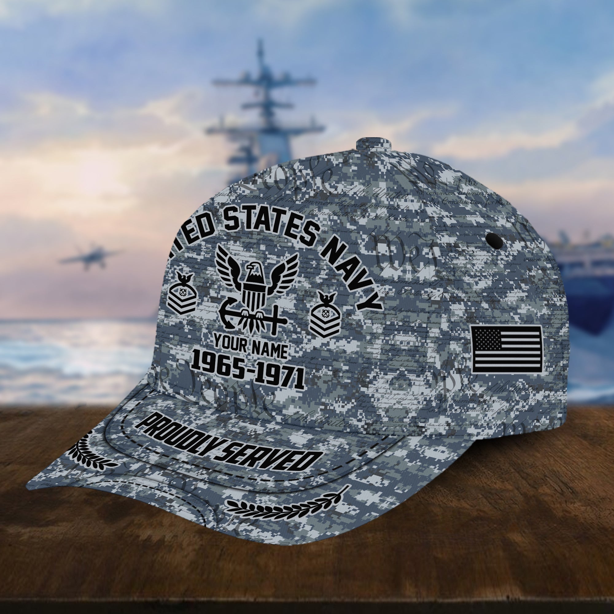 Personalized Camo Combat US Navy Veteran Hat: Custom Military Rank Name Year and Ball Cap Printing VPVC001002