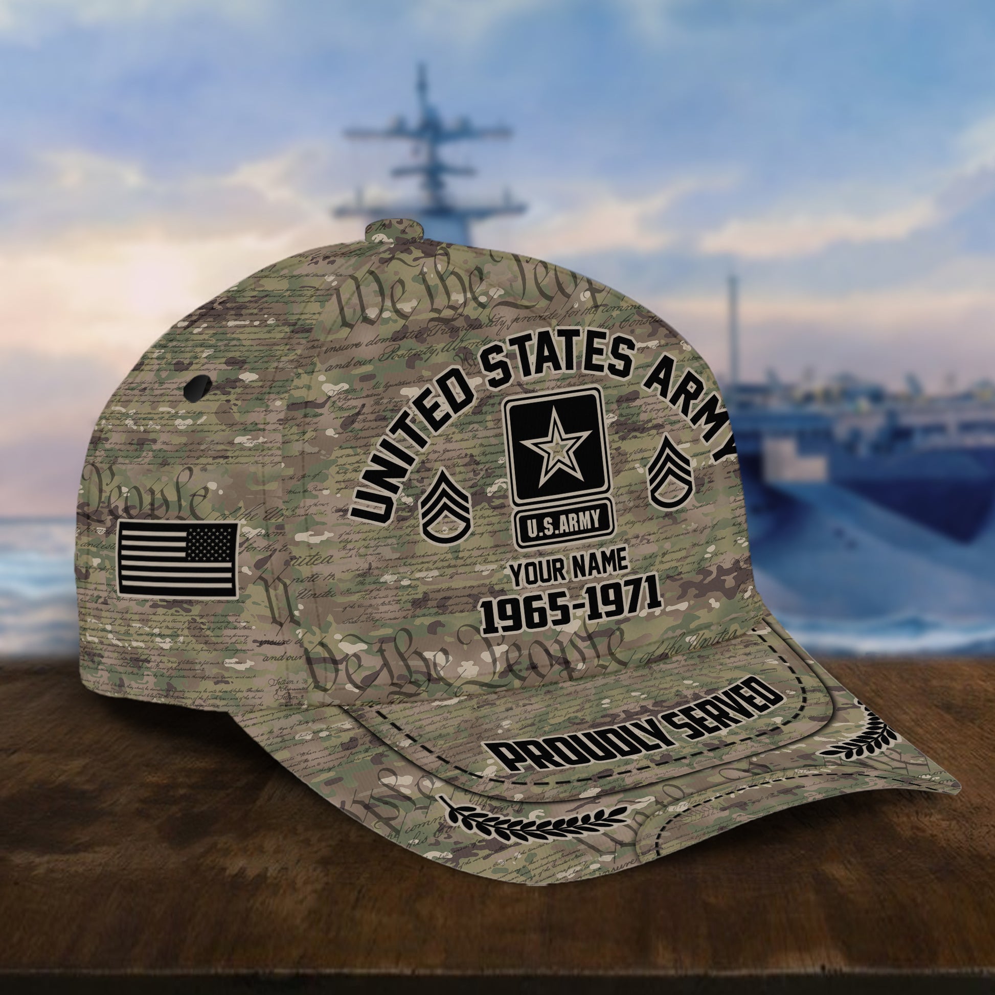 Personalized Camo Combat US Army Veteran Hat: Custom Military Rank Name Year and Ball Cap Printing VPVC001001