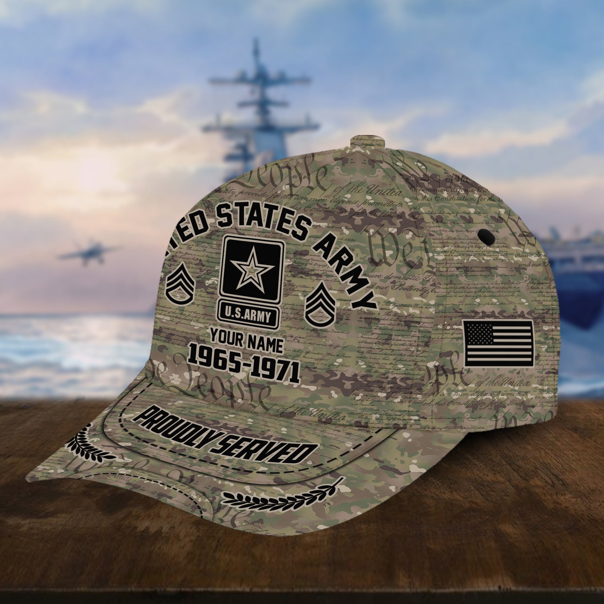 Personalized Camo Combat US Army Veteran Hat: Custom Military Rank Name Year and Ball Cap Printing VPVC001001