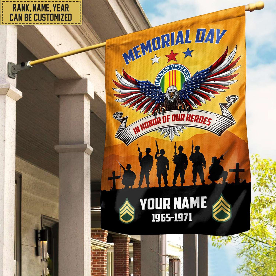 Premium Custom Name, Rank, Year American Flag, Veterans Day Gift, American Flag Gift For Him Military, Gift For Vietnam Veteran, Garden Flag - House Flag VPVC101906