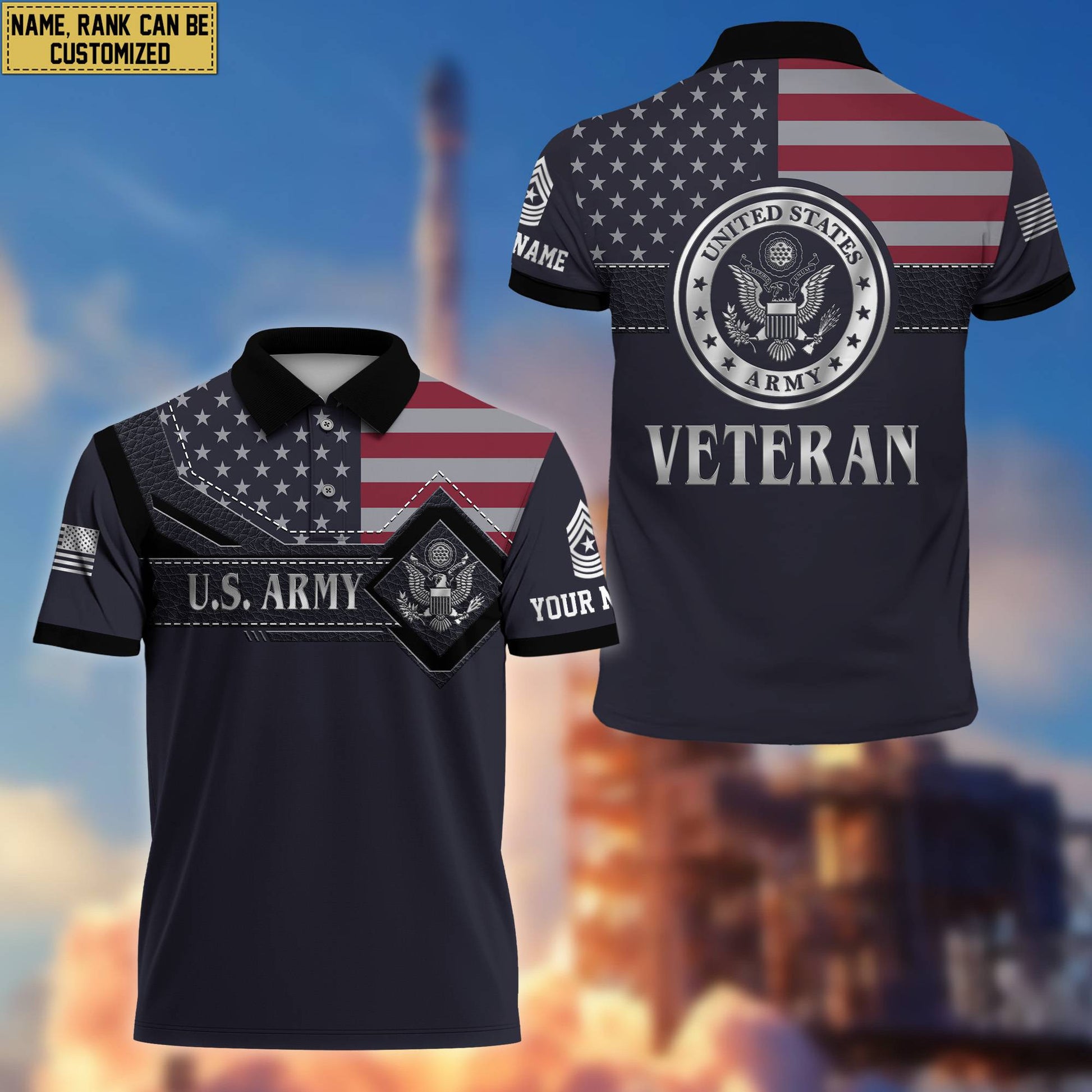 US Army Polo Shirt, Custom Name, Rank VPVC200001