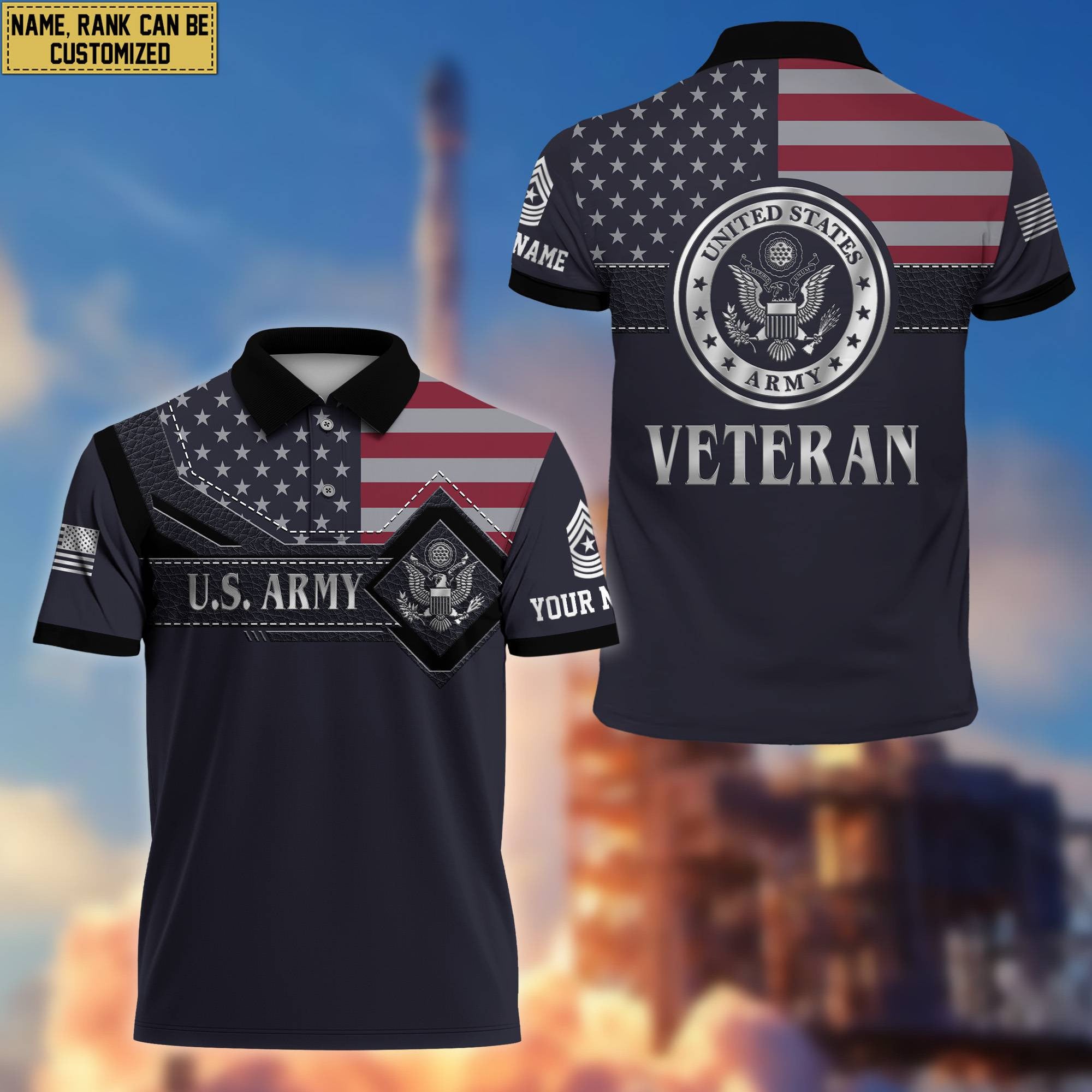 US Army Polo Shirt, Custom Name, Rank VPVC200001