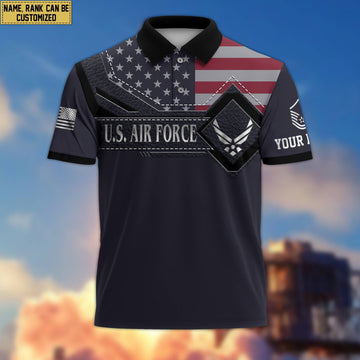 USAF Polo Shirt, Custom Name, Rank, Gift For Air Force Veteran VPVC200004