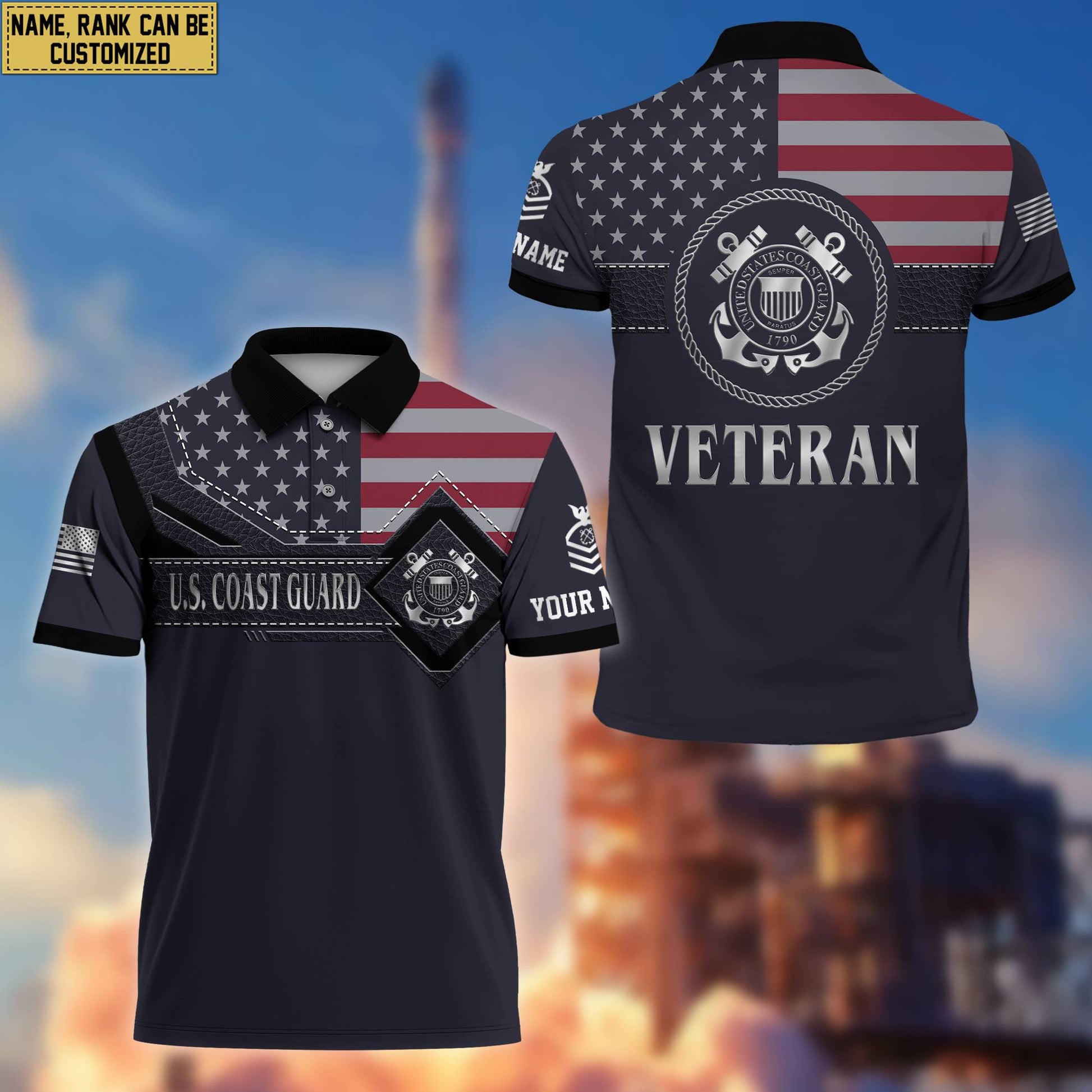 USCG Polo Shirt, Custom Name, Rank, Gift For Coast Guard Veteran VPVC200005