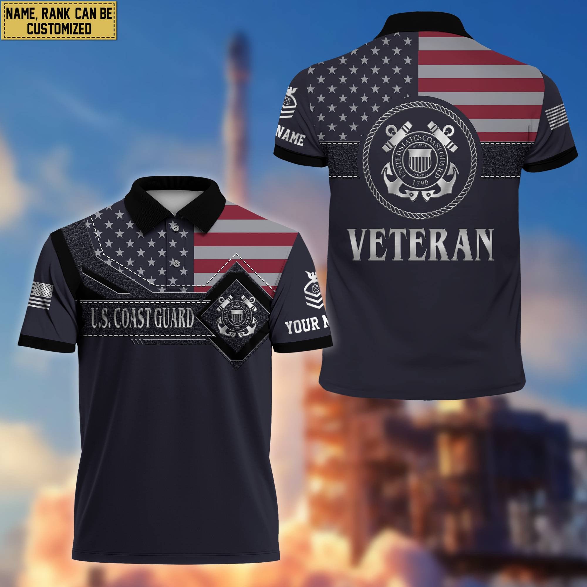 USCG Polo Shirt, Custom Name, Rank, Gift For Coast Guard Veteran VPVC200005