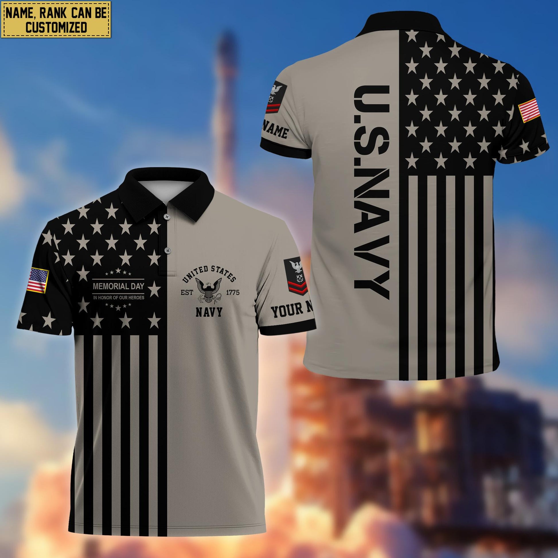US Navy Veteran Polo Shirt, Custom Name, Rank Gift For US Navy Veteran VPVC200602