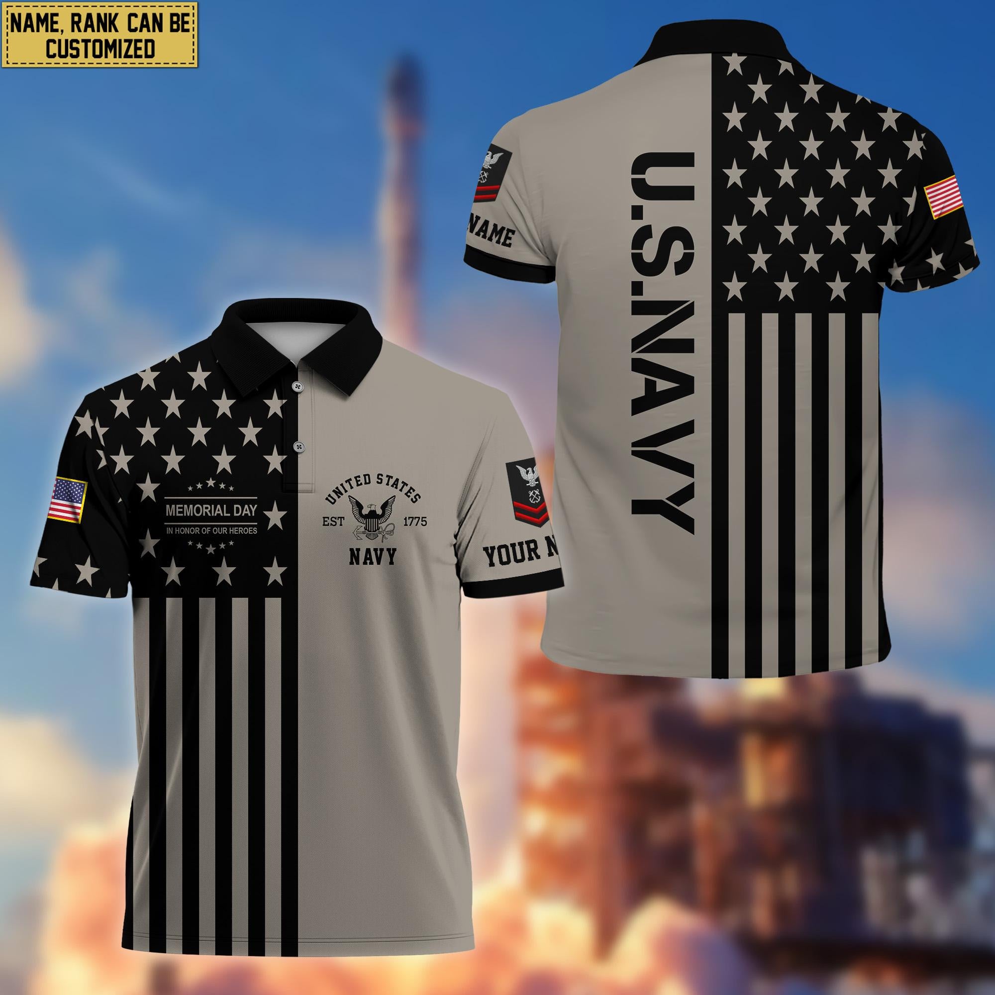 US Navy Veteran Polo Shirt, Custom Name, Rank Gift For US Navy Veteran VPVC200602