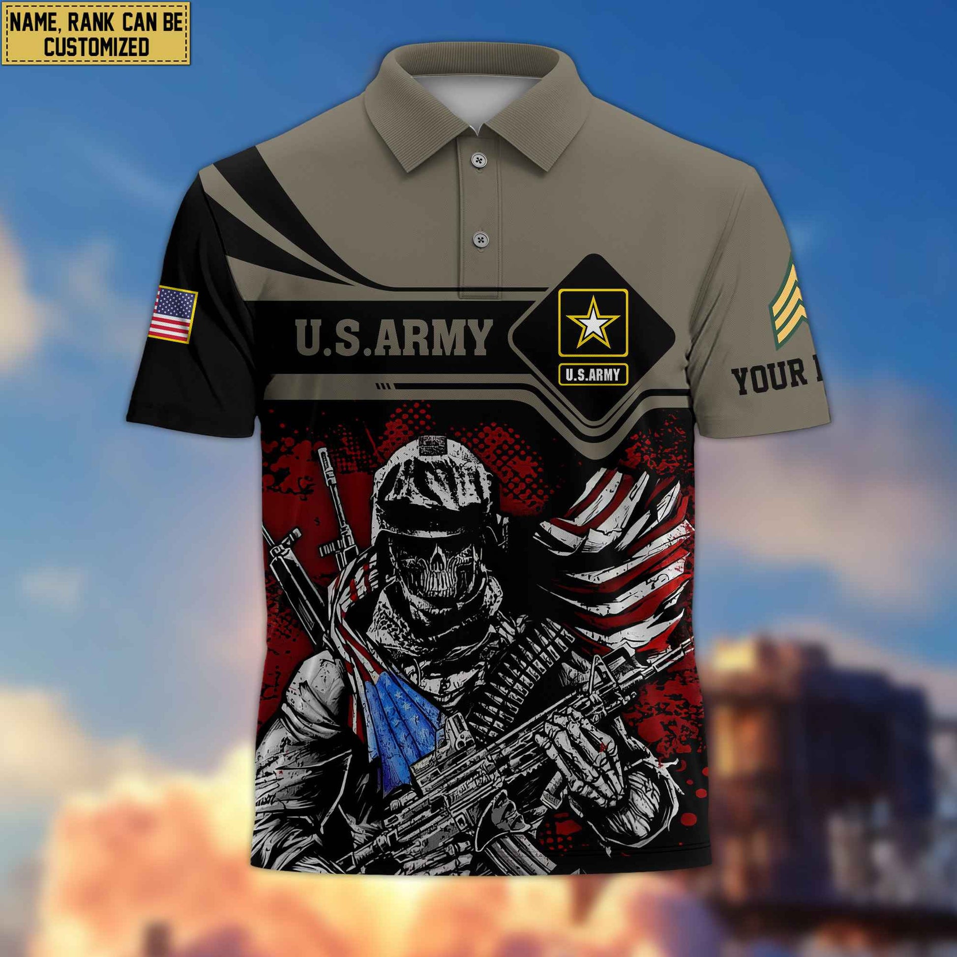 US Army Polo Shirt, Custom Name, Rank VPVC200701