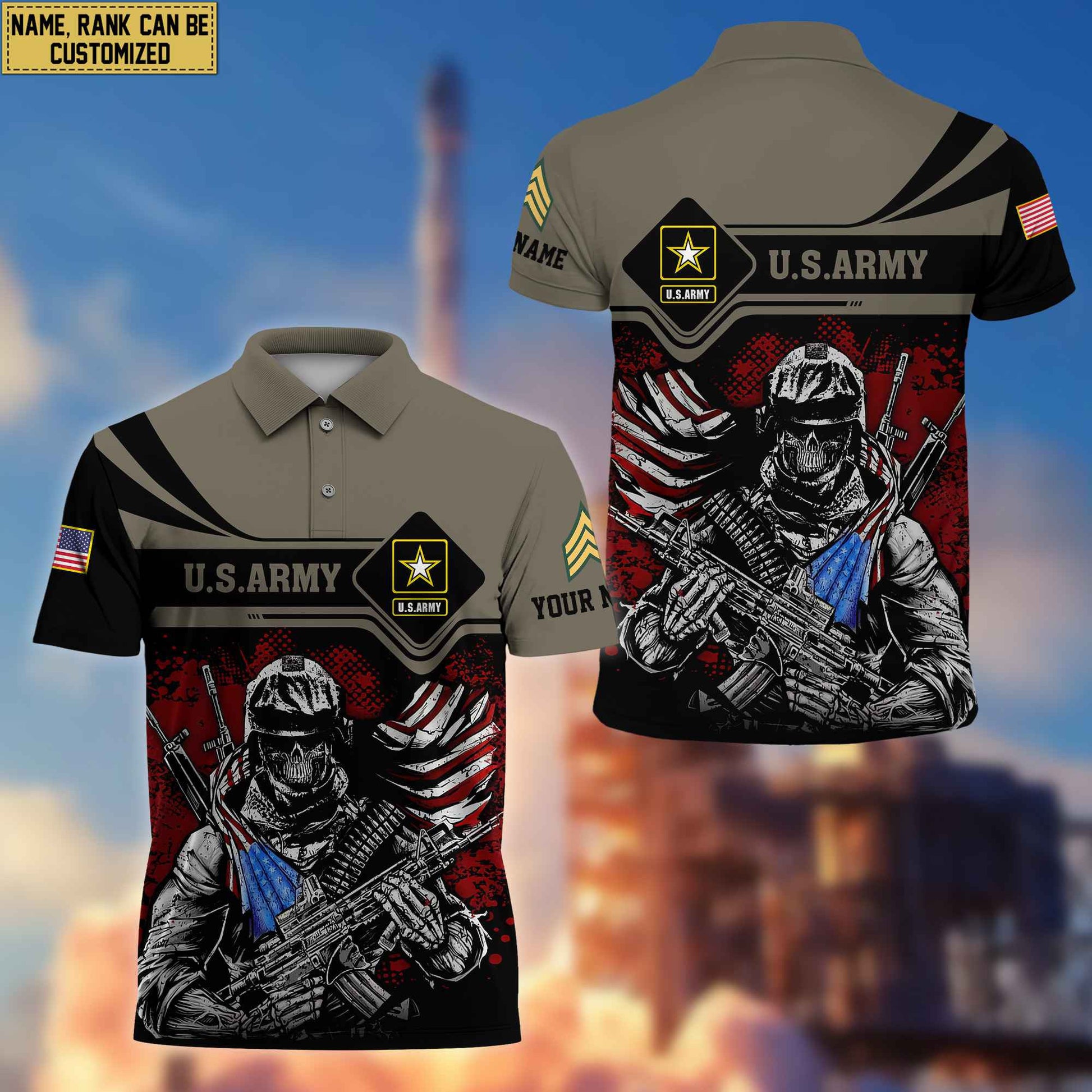 US Army Polo Shirt, Custom Name, Rank VPVC200701