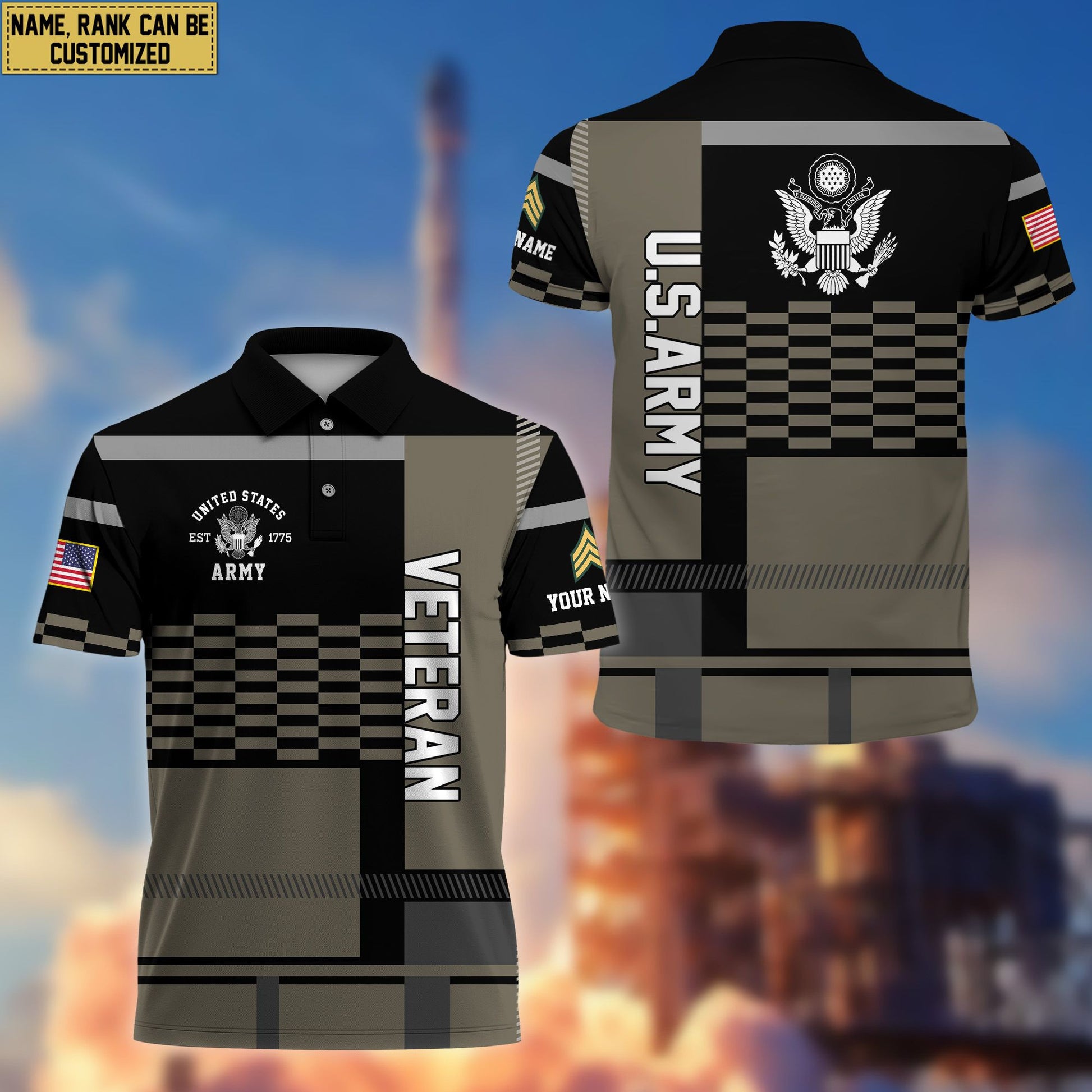 Premium Custom Name, Rank US Army Polo Shirt, Gift for Army Veteran VPVC201001