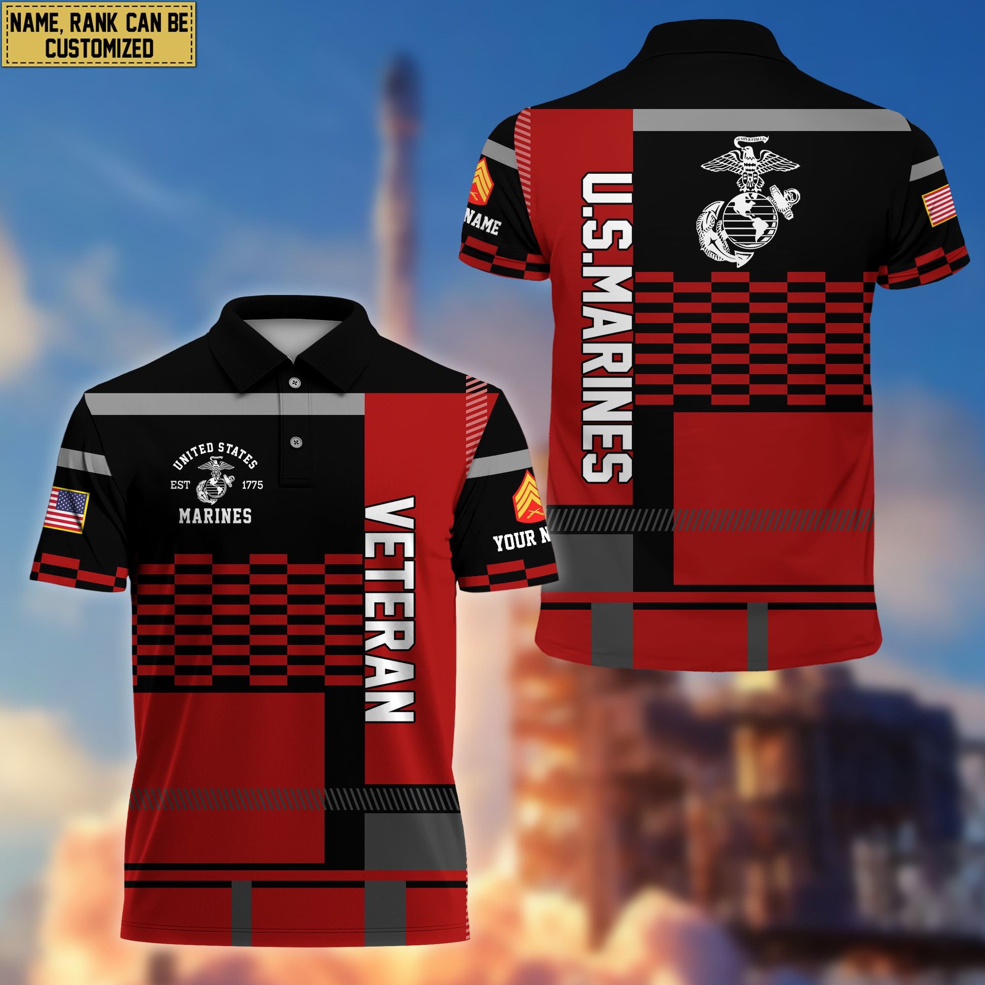 Premium Custom Name, Rank USMC Polo Shirt, Gift for Marine Veteran VPVC201003