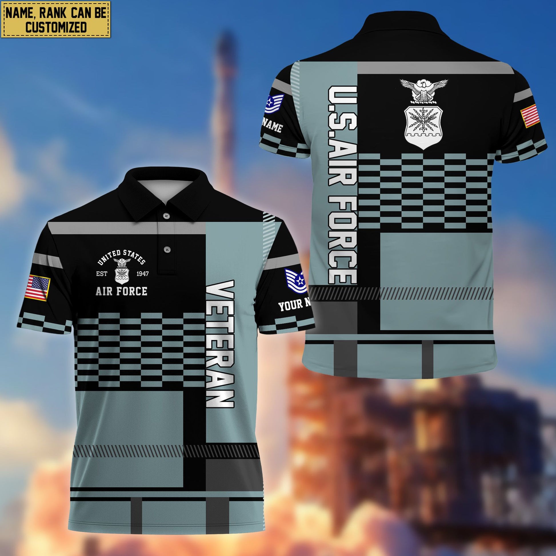 Premium Custom Name, Rank USAF Polo Shirt, Gift for Air Force Veteran VPVC201004