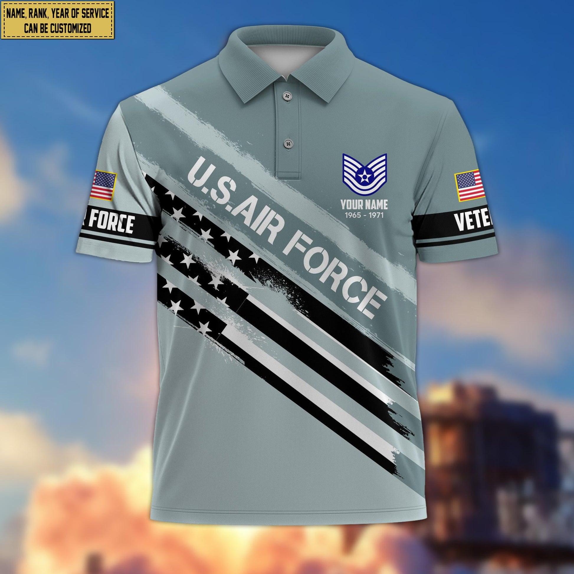 Premium Custom Name, Rank USAF Polo Shirt, Gift for Air Force Veteran VPVC201204