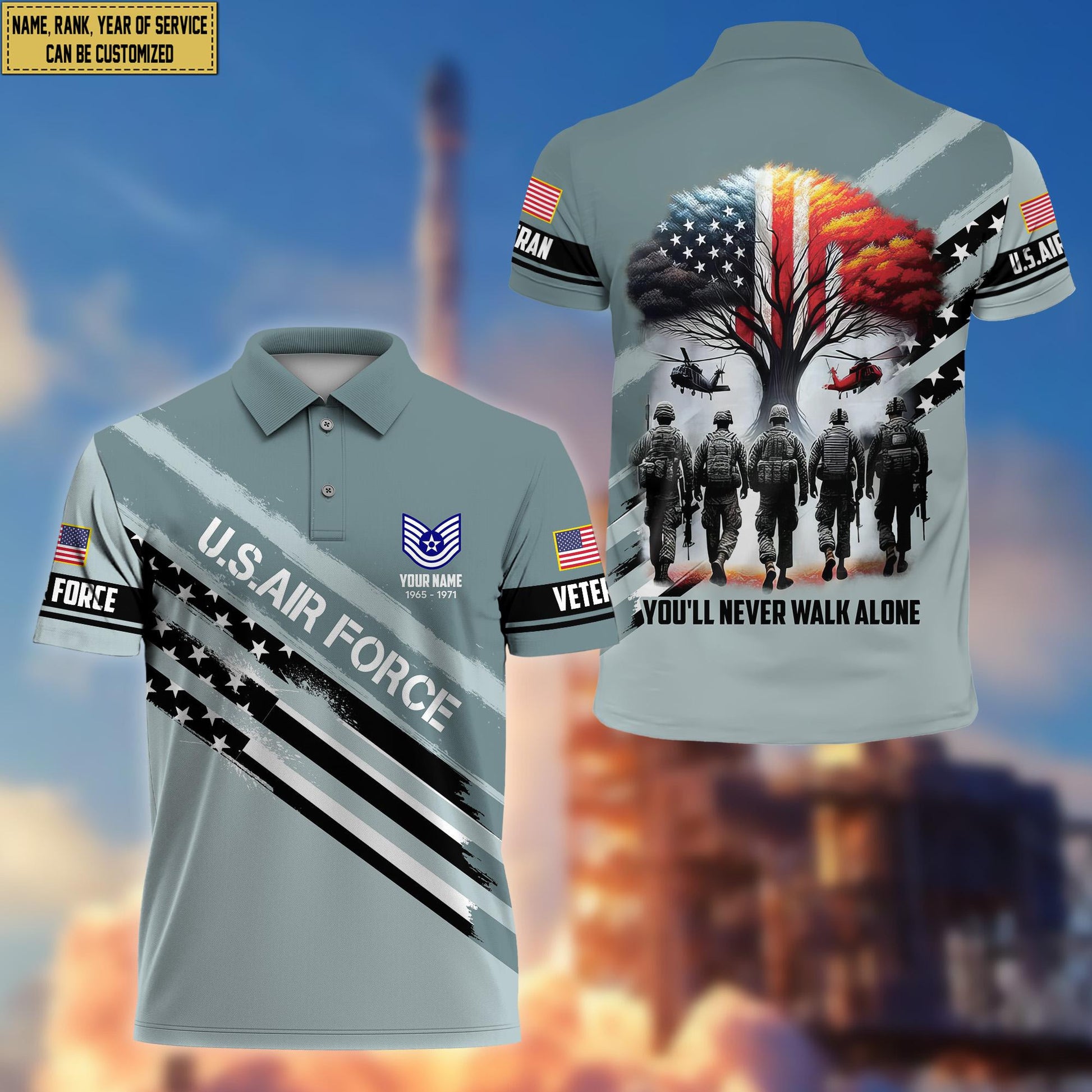 Premium Custom Name, Rank USAF Polo Shirt, Gift for Air Force Veteran VPVC201204