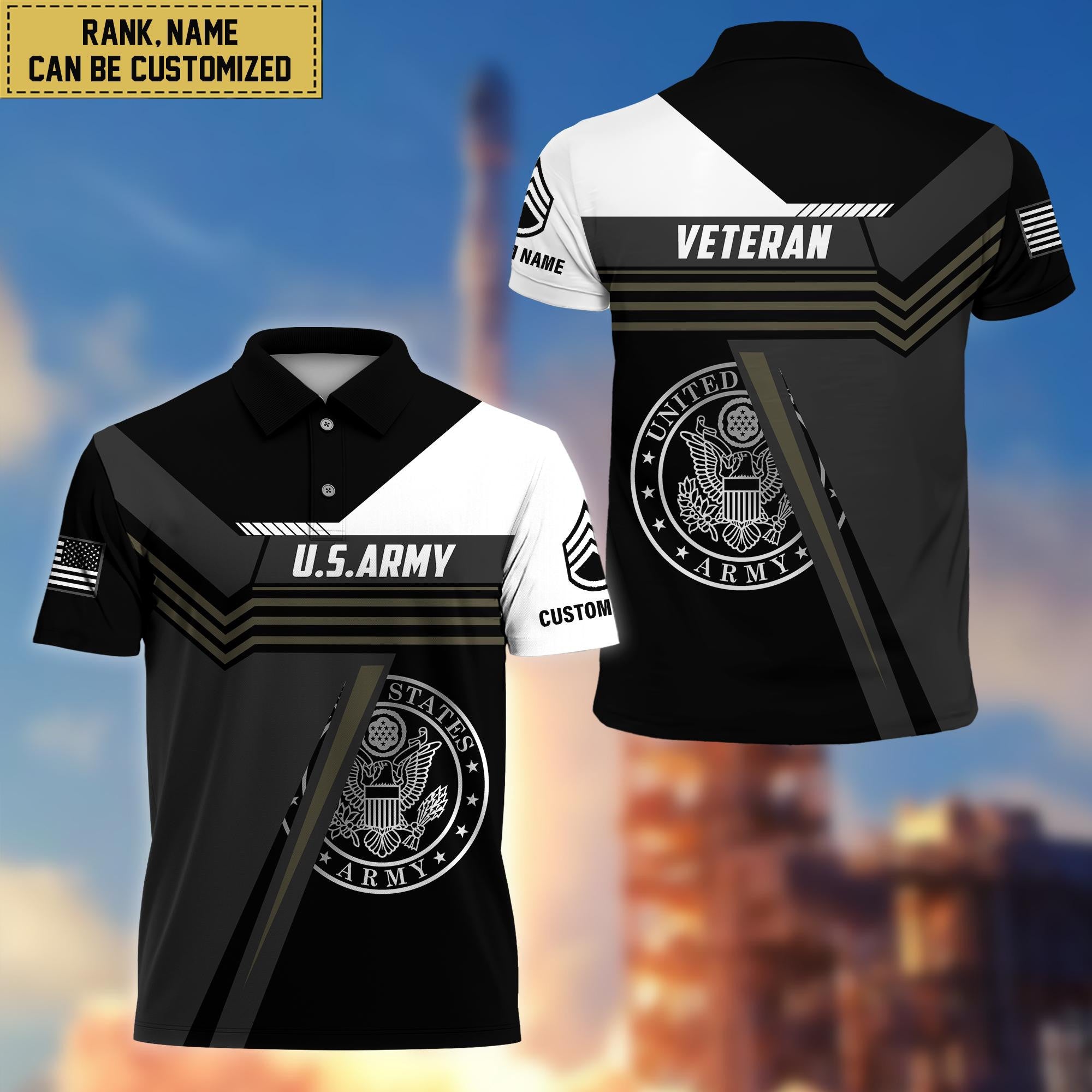 Custom US Army Polo Shirt, Custom Name, Rank, Gift for Army Veteran VPVC201801