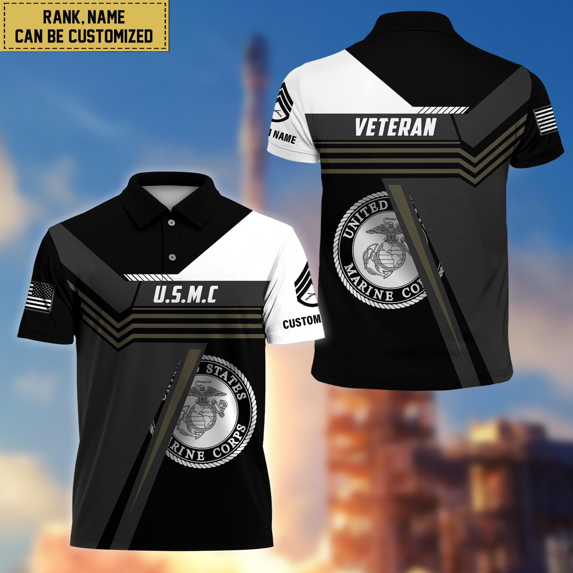 Custom USMC Polo Shirt, Custom Name, Rank, Gift for Marine Veteran VPVC201803