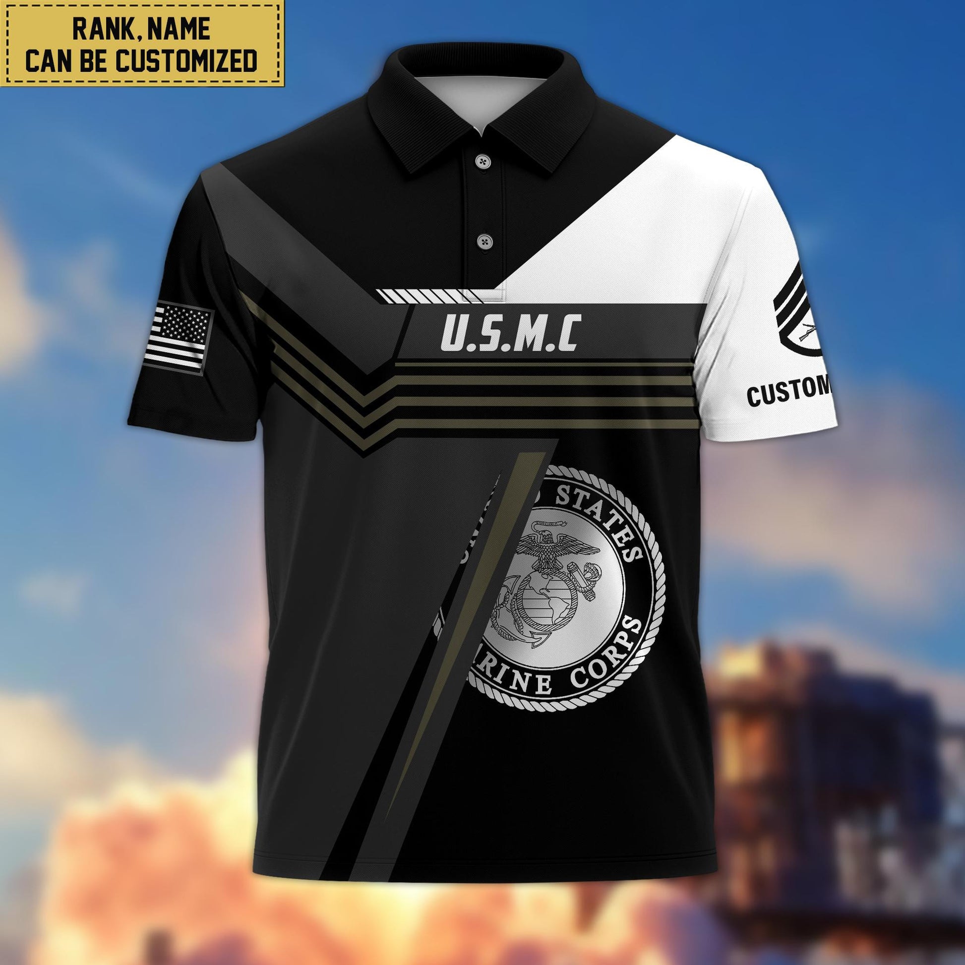 Custom USMC Polo Shirt, Custom Name, Rank, Gift for Marine Veteran VPVC201803