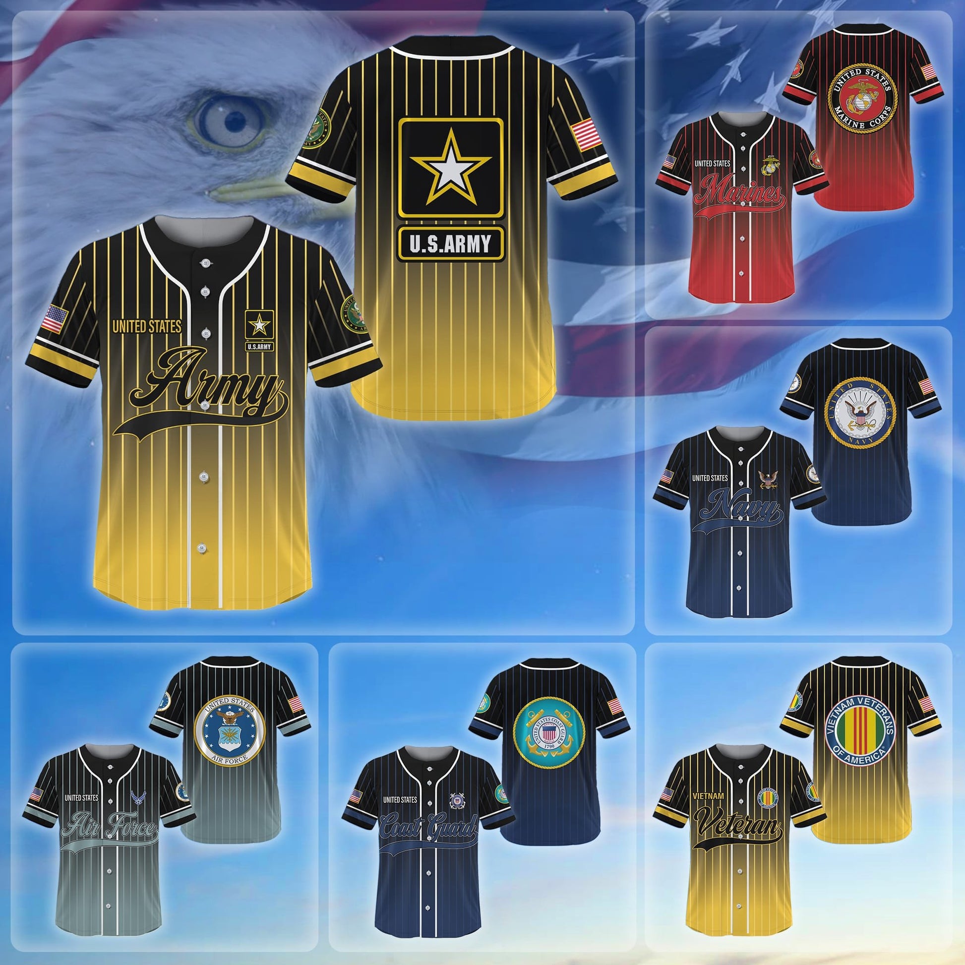 Premium US Veterans Baseball Jersey, Gifts for Army, Navy, Marine, Air Force, Coast Guard, Vietnam Veteran APVC240601