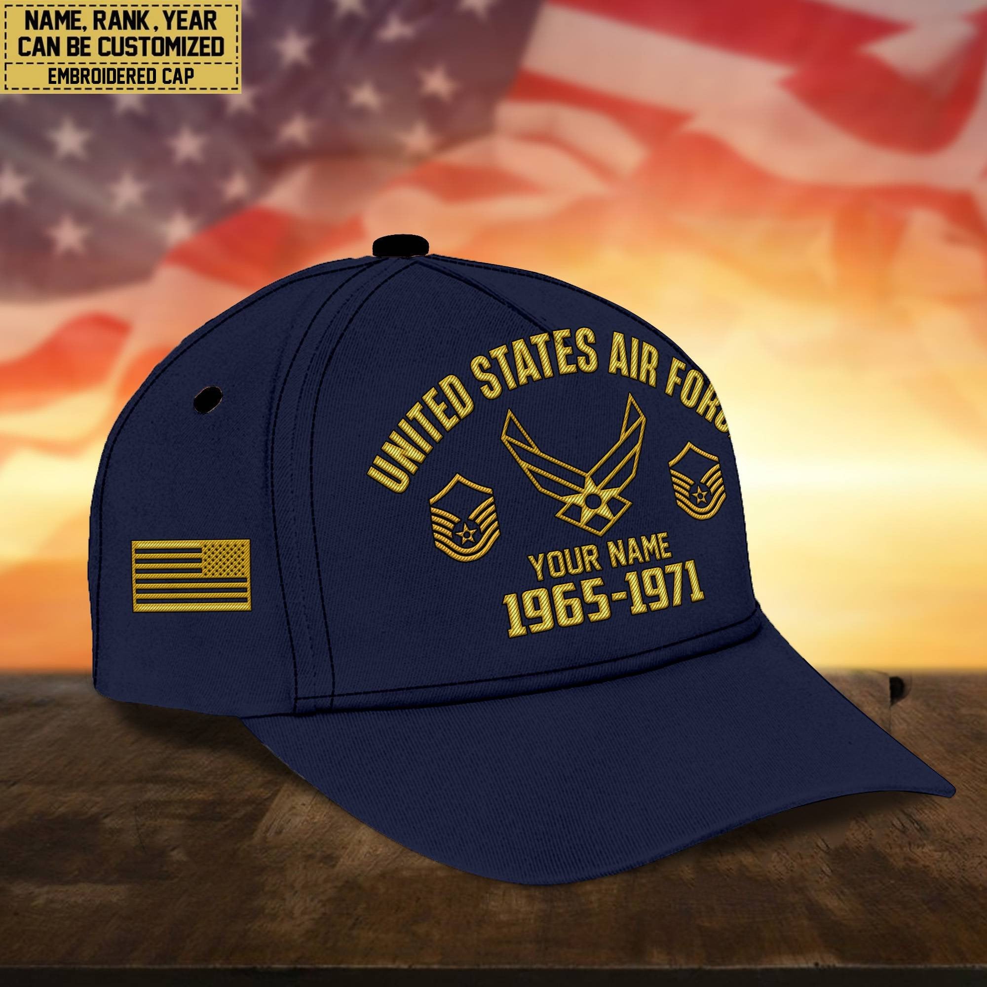 Custom Name, Rank, USAF Embroidered Cap, Hat for Air Force Veteran, Gifts for Father's Day, Veterans Day VPVC300304