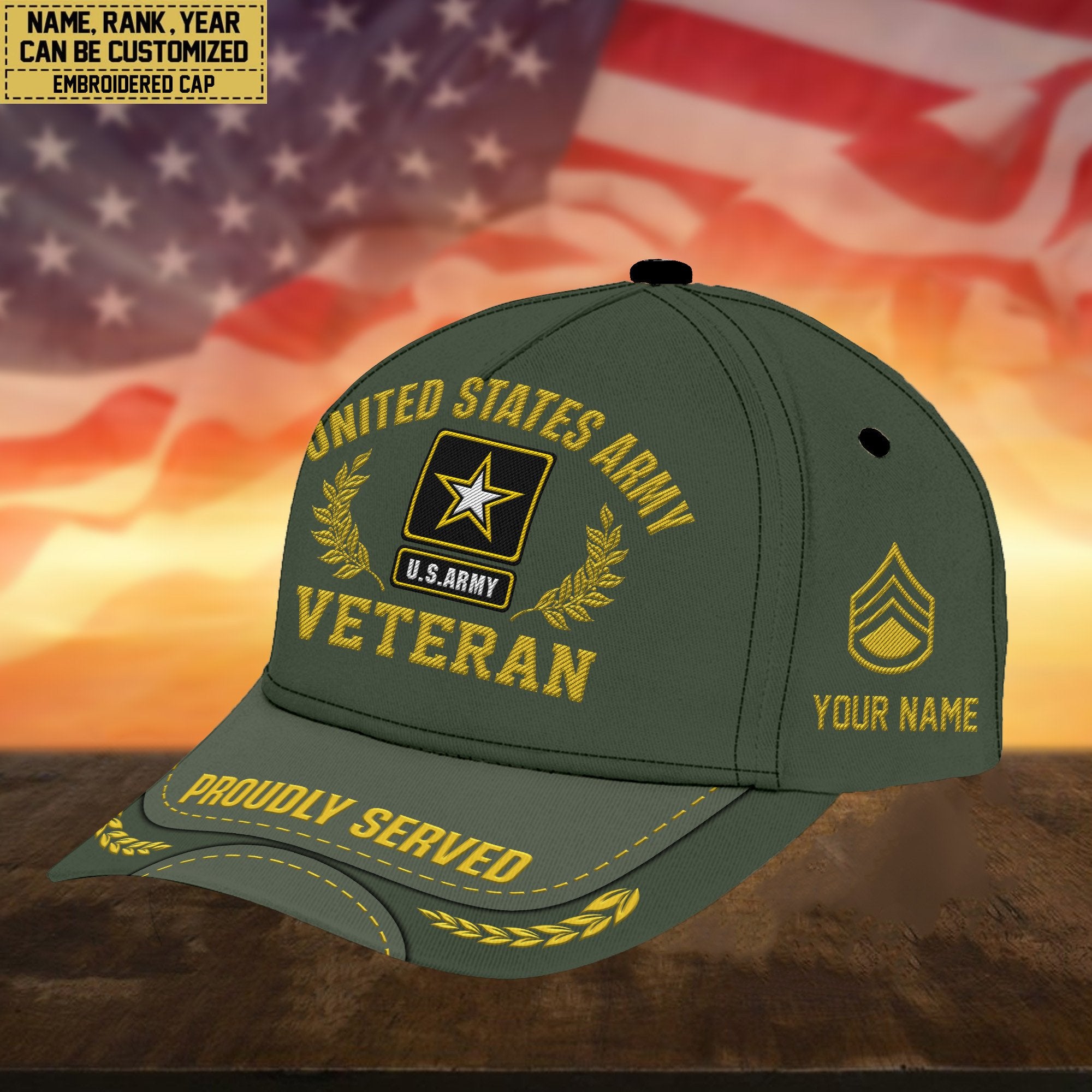 Premium Custom Name, Rank, US Army Embroidered Cap, Hat for Army Veteran, Gifts for Father's Day, Veterans Day VPVC300401