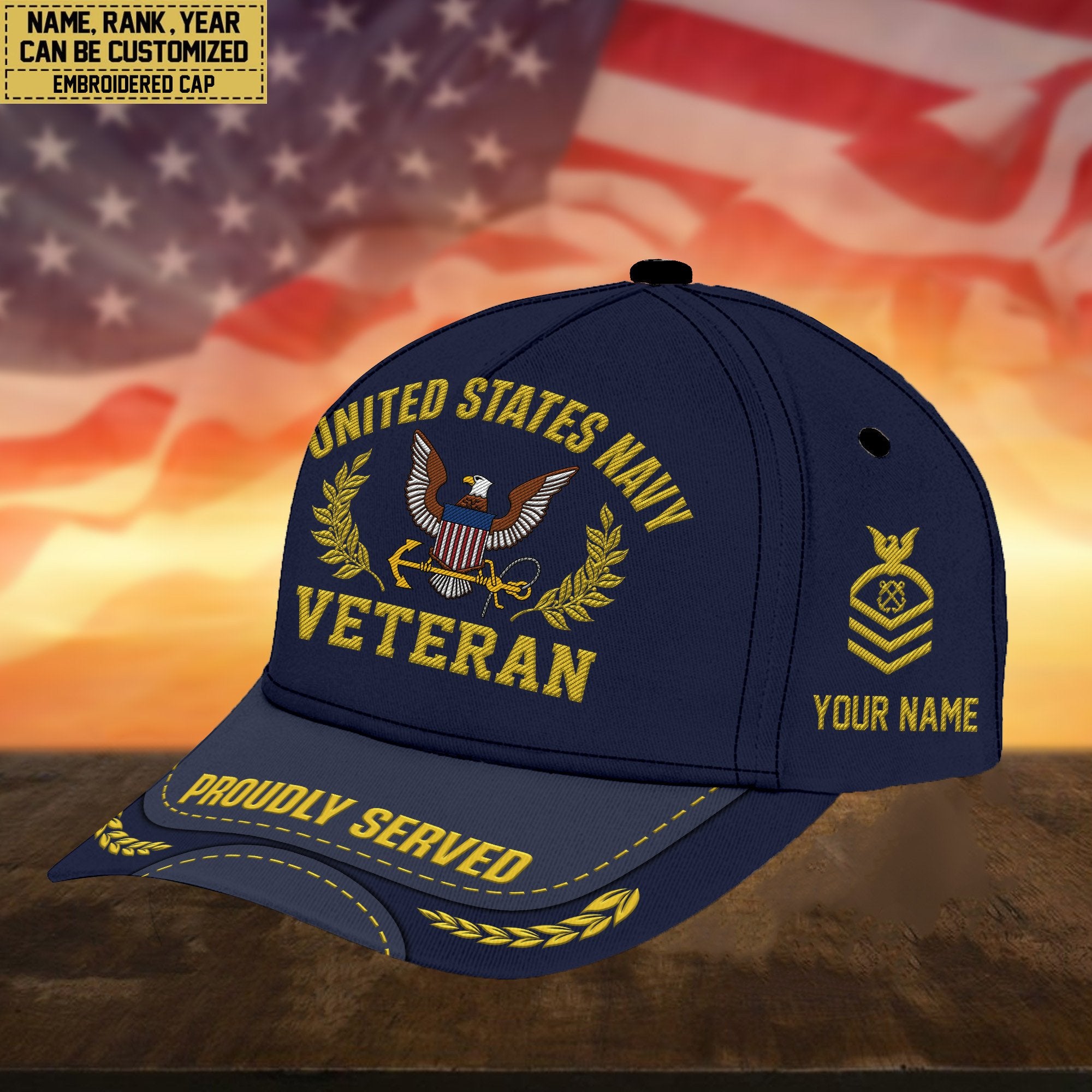 Premium Custom Name, Rank, US Navy Embroidered Cap, Hat for Navy Veteran, Gifts for Father's Day, Veterans Day VPVC300402