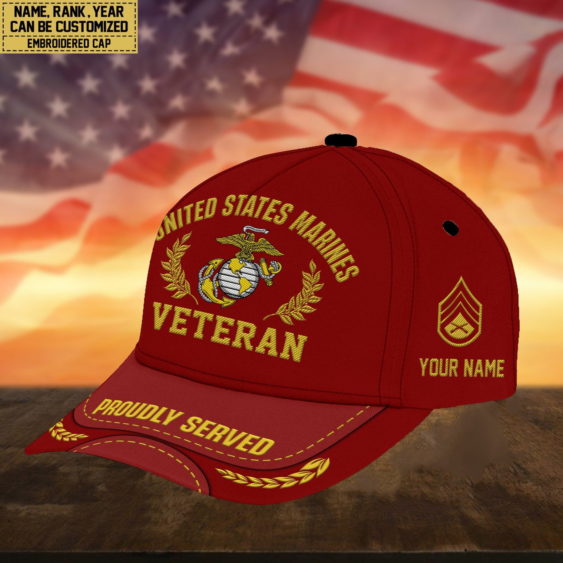 Premium Custom Name, Rank, USMC Embroidered Cap, Hat for Marine Veteran, Gifts for Father's Day, Veterans Day VPVC300403
