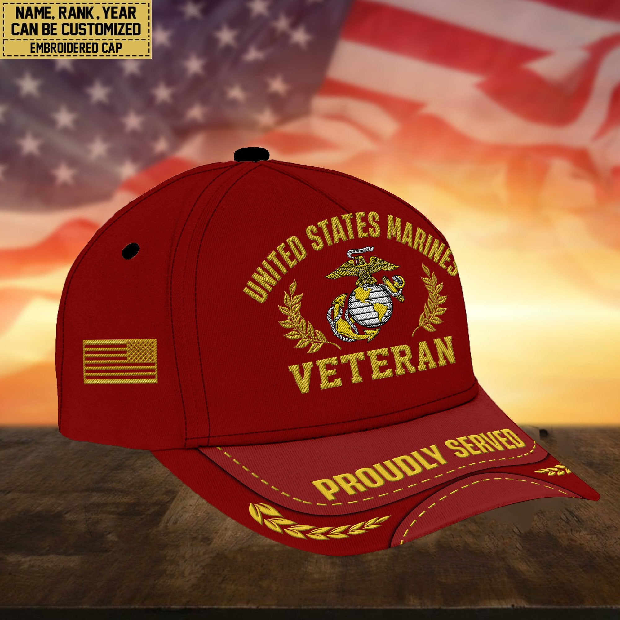Premium Custom Name, Rank, USMC Embroidered Cap, Hat for Marine Veteran, Gifts for Father's Day, Veterans Day VPVC300403