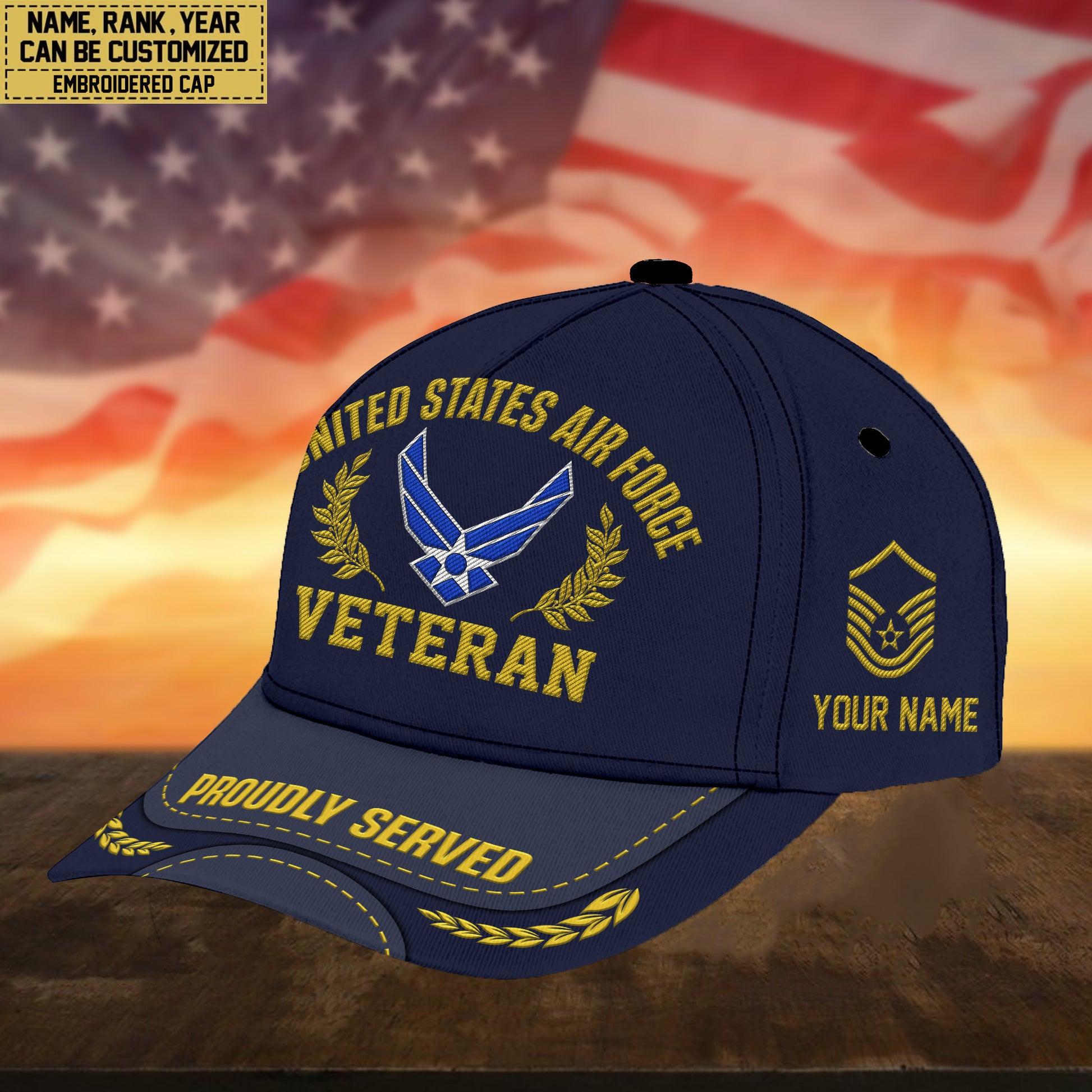 Premium Custom Name, Rank, USAF Embroidered Cap, Hat for Air Force Veteran, Gifts for Father's Day, Veterans Day VPVC300404