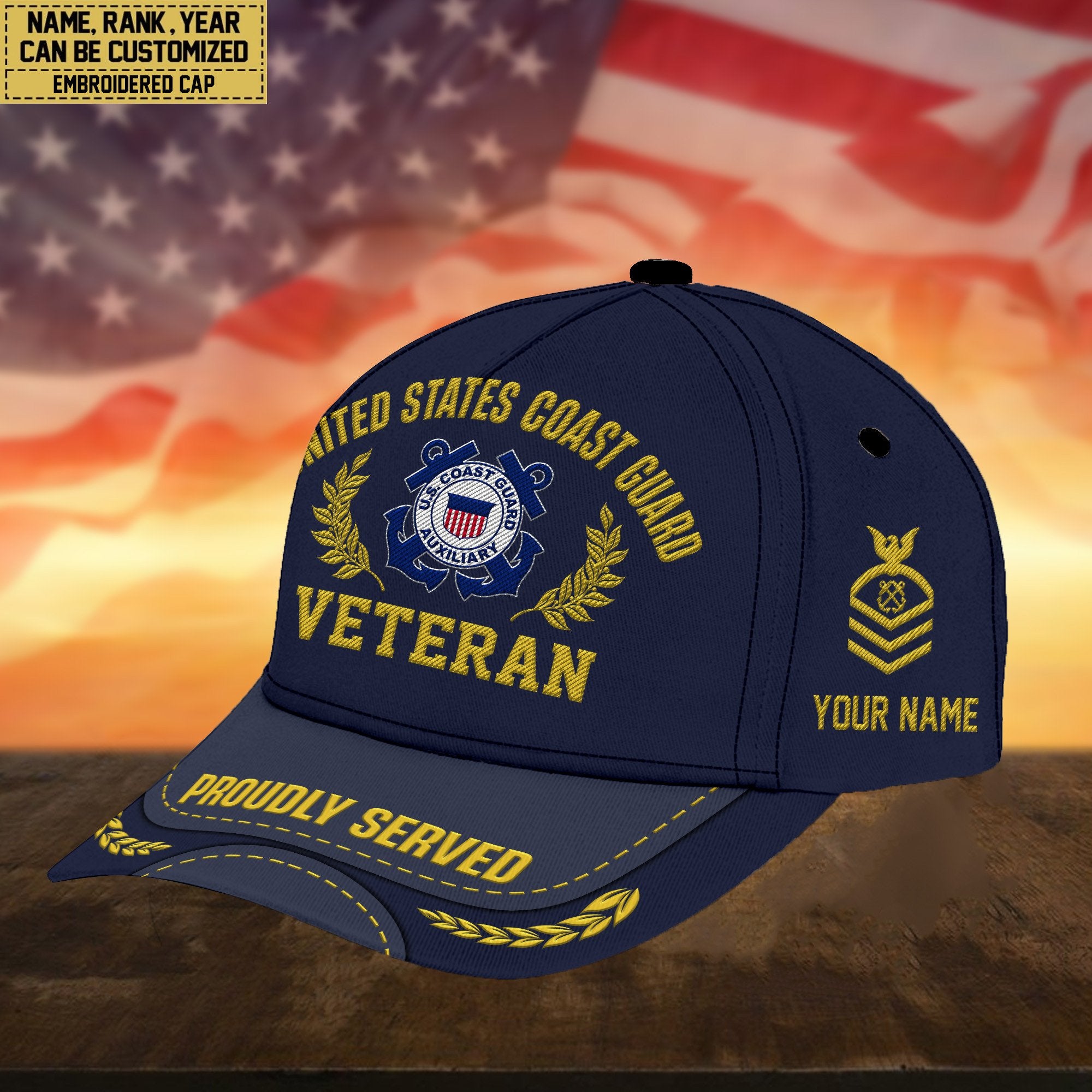 Premium Custom Name, Rank, USCG Embroidered Cap, Hat for Coast Guard Veteran, Gifts for Father's Day, Veterans Day VPVC300405